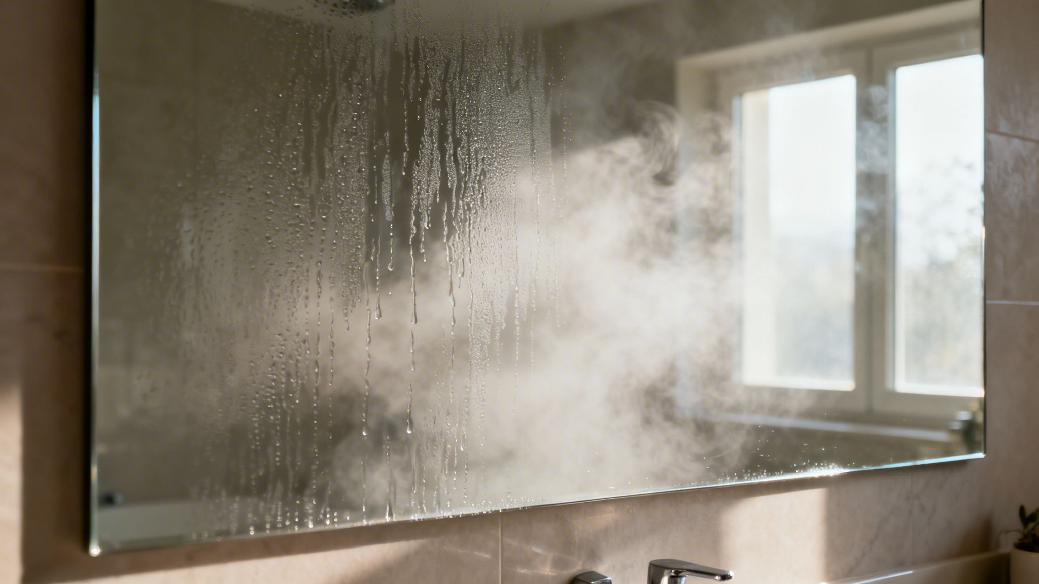Et dampende badeværelsesspejl viser behovet for effektiv ventilation og ordentlig udsugning i et fugtigt badeværelsesmiljø.