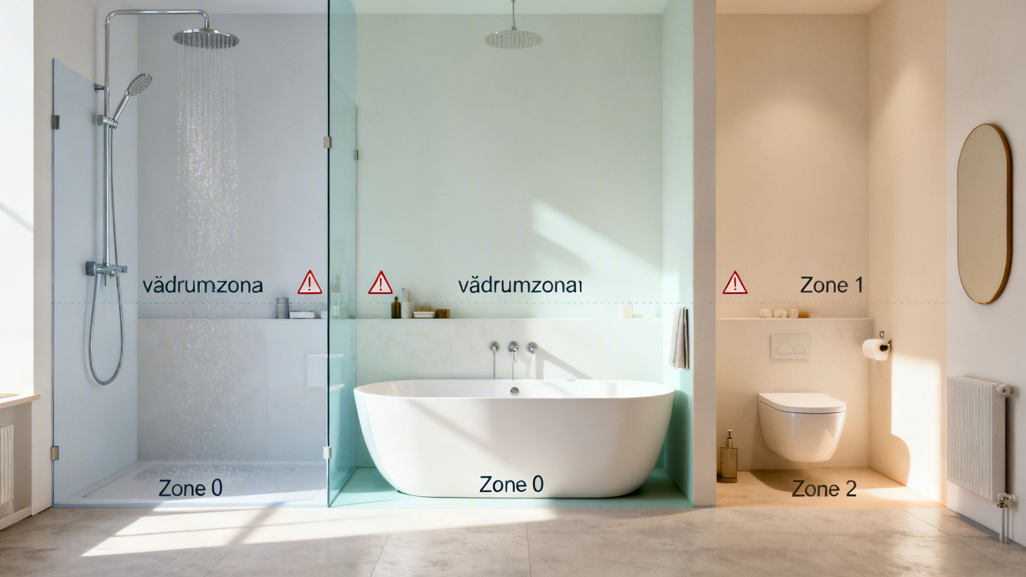 En illustration af et moderne badeværelse, der viser forskellige sikkerhedszoner omkring bruser, badekar og toilet.