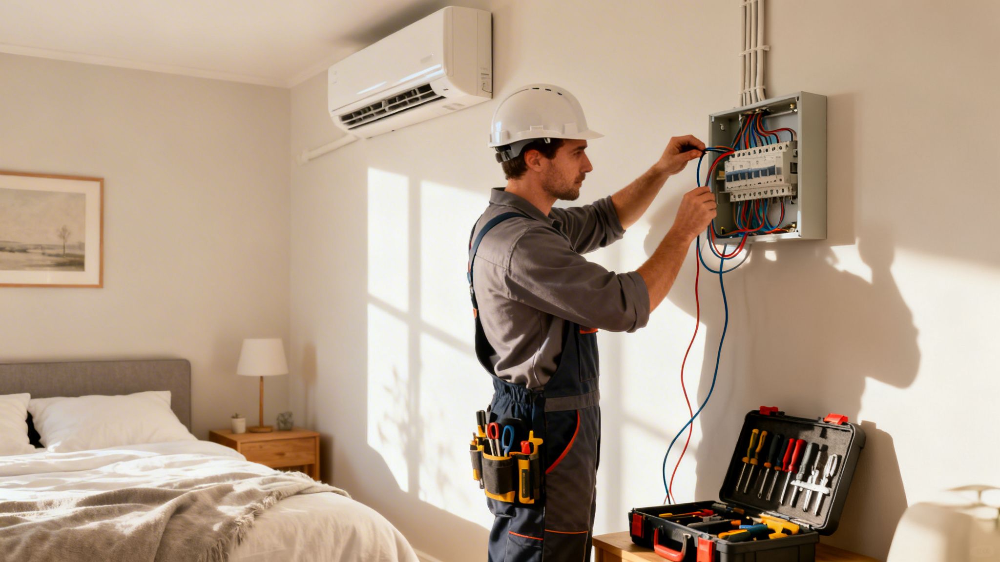 En elektriker installerer el i et soveværelse med aircondition og en værktøjskasse på gulvet.