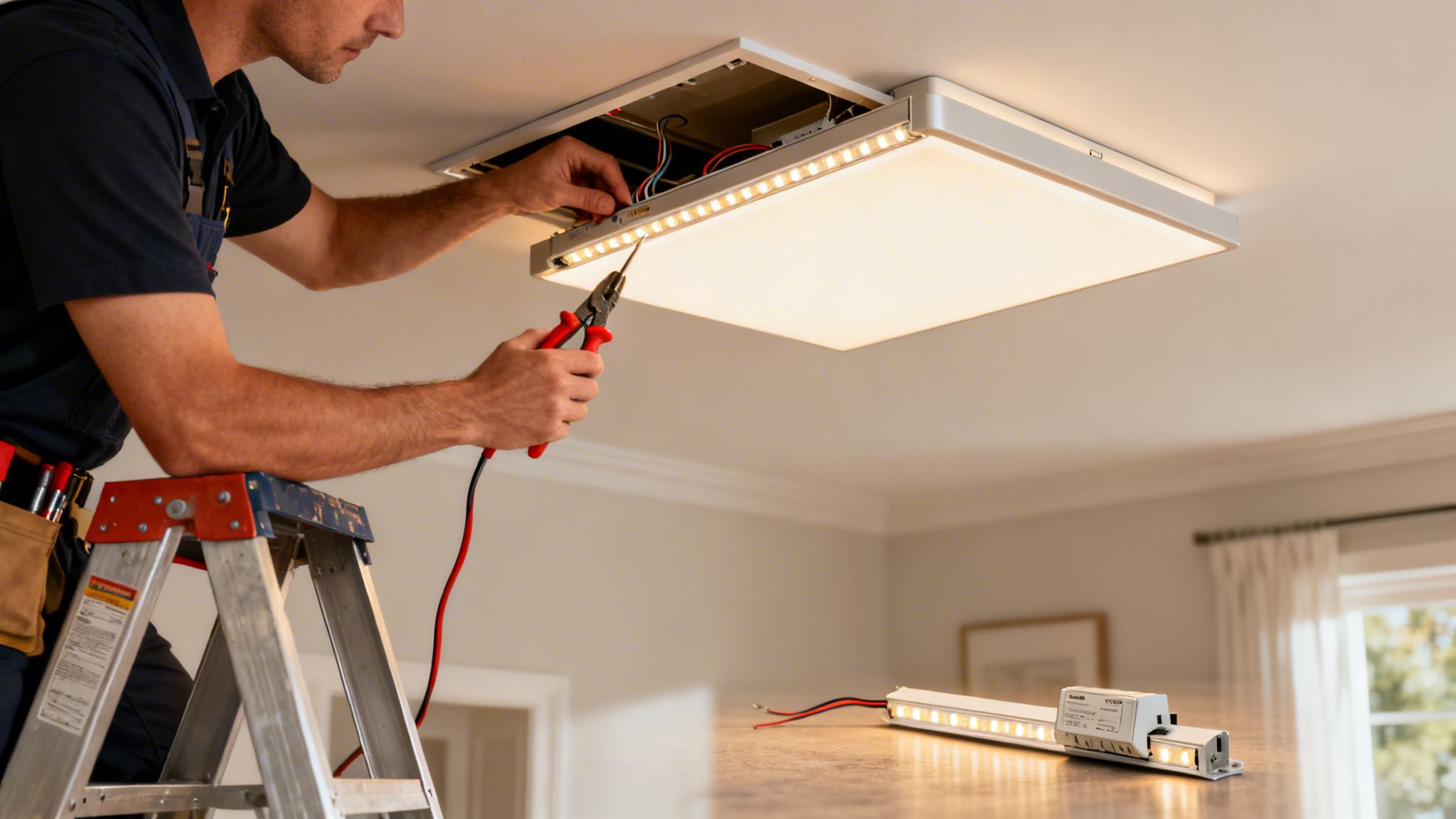 En elektriker installerer et nyt LED loftarmatur med en tang, mens et andet LED-modul ligger på bordet.