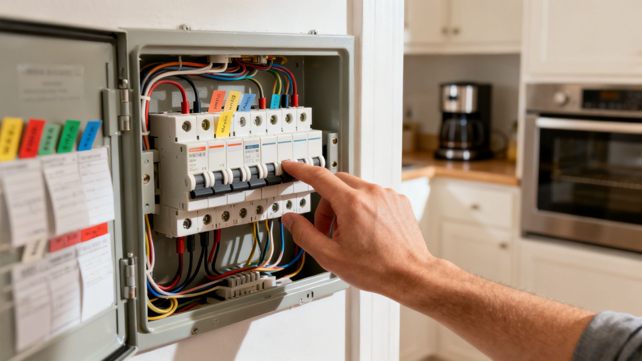 En hånd tænder en afbryder i en åben eltavle med farvede mærkater. Et køkken ses i baggrunden.