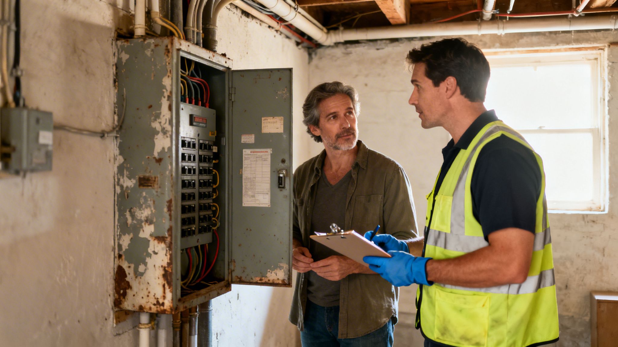 To mænd inspicerer en gammel, rusten eltavle i en kælder. Den ene noterer på en clipboard.