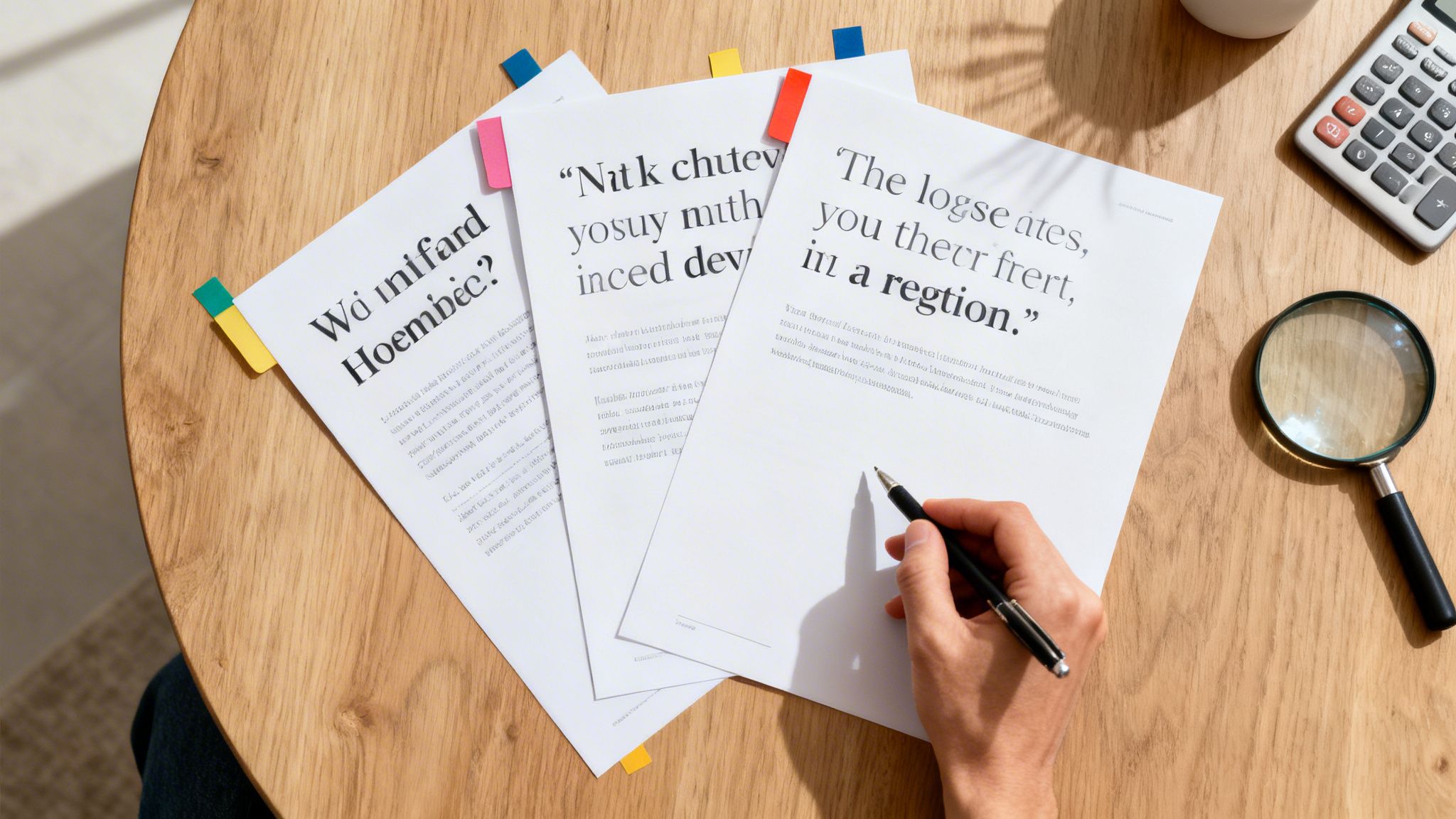 En person skriver på dokumenter med farvede bogmærker på et træbord, ved siden af en lommeregner og lup.