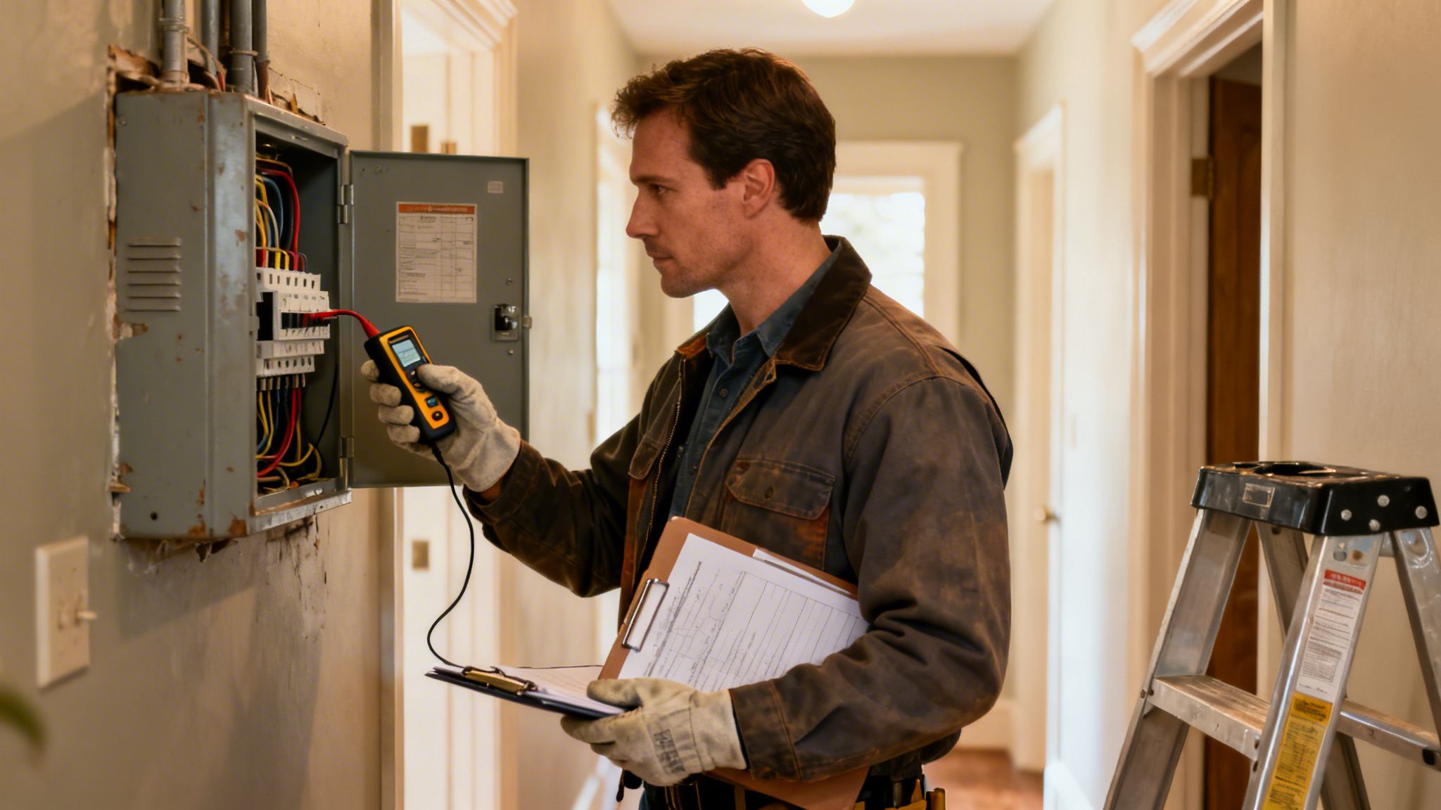 En elektriker inspicerer en eltavle med et multimeter, mens han holder et clipboard i et hjem.