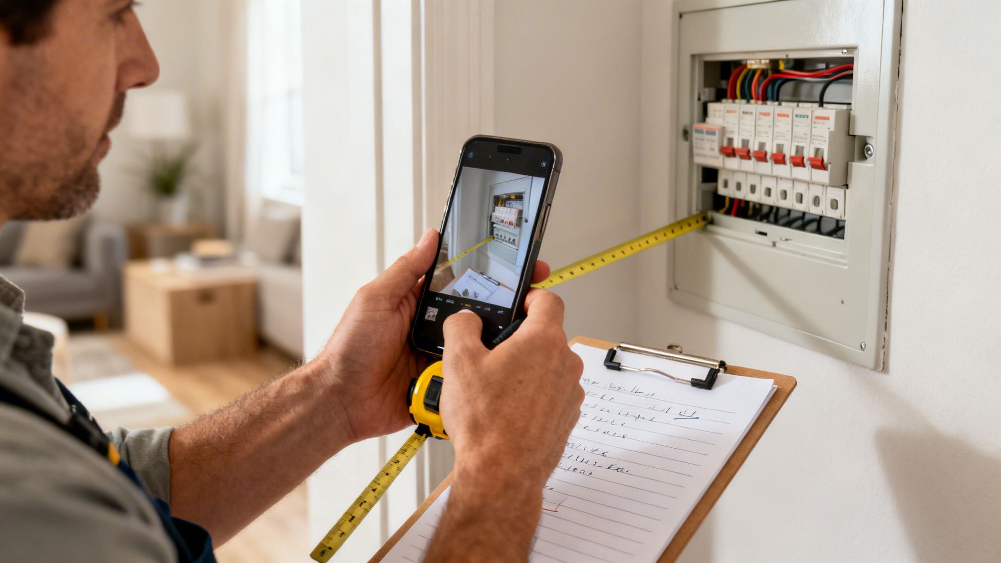 En elektriker måler et sikringsskab med et målebånd, tager billeder med telefon og noterer på clipboard.