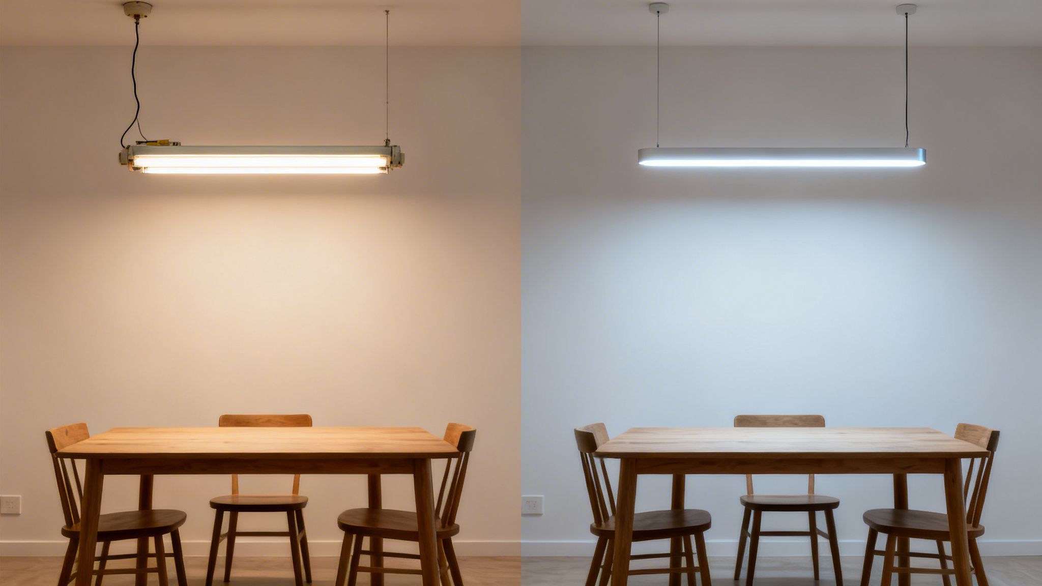 Rum opdelt i to med forskellig belysning: varmt lys fra gammel lysstofrør og køligt lys fra moderne LED-lampe.