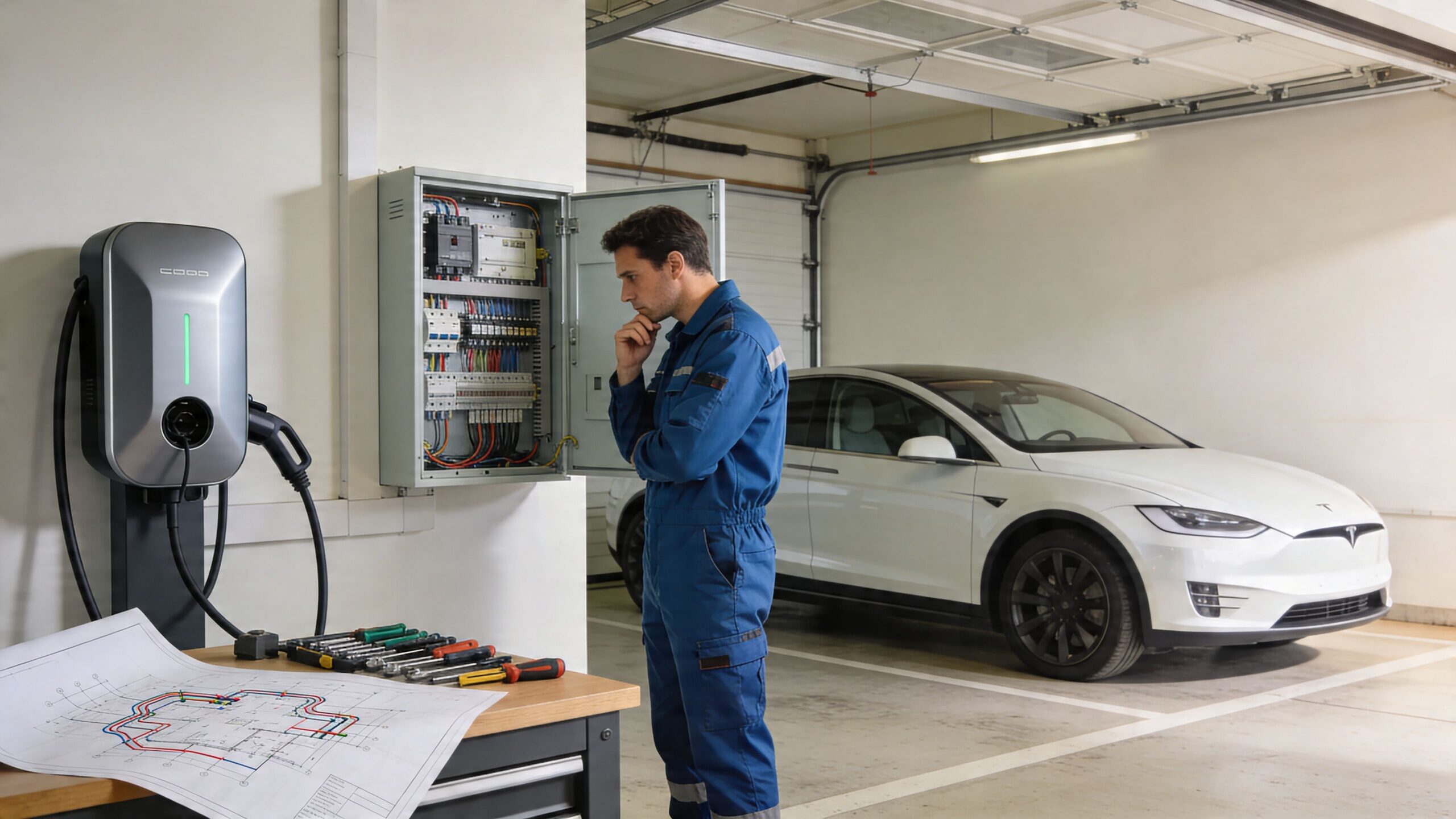 En professionel elektriker inspicerer et åbent sikringsskab ved siden af en ladestander til en elektrisk bil.