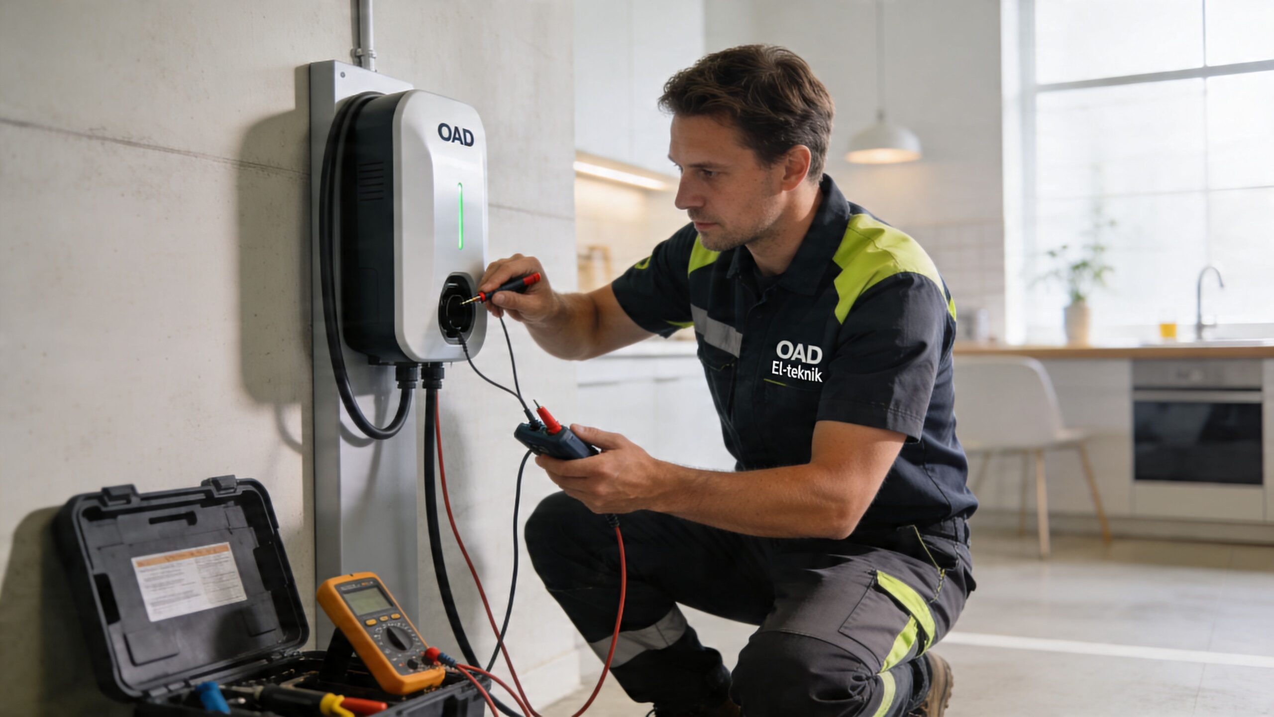 Elektriker fra OAD El-teknik udfører service og målinger på en vægmonteret elbil-ladestander i et køkkenmiljø.