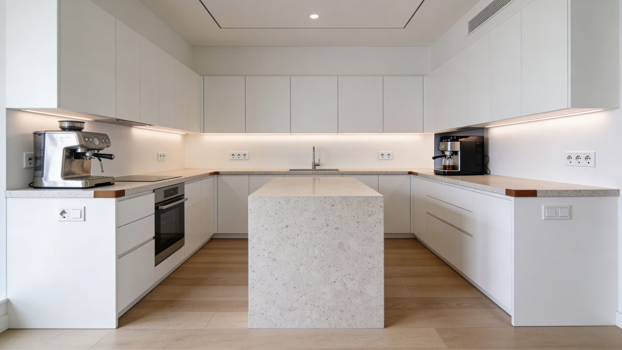 Moderne hvidt køkken med køkkenø, terrazzo-bordplade og integrerede hvidevarer i et lyst og minimalistisk indretningsdesign.