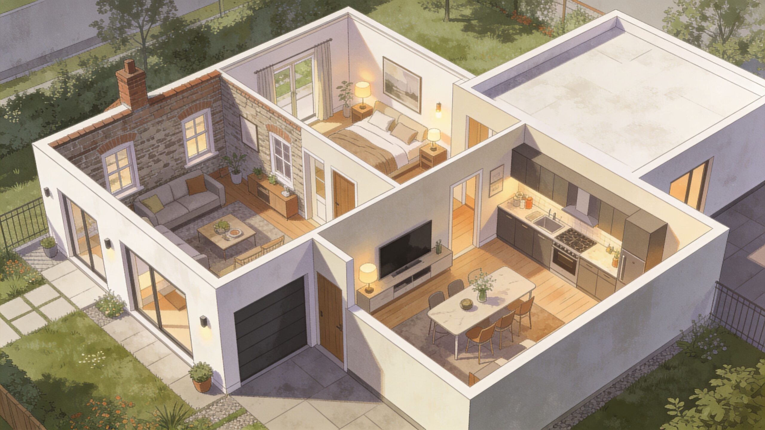 En 3D-plantegning af en moderne bolig med stue, soveværelse, køkken og garage i et lyst design.