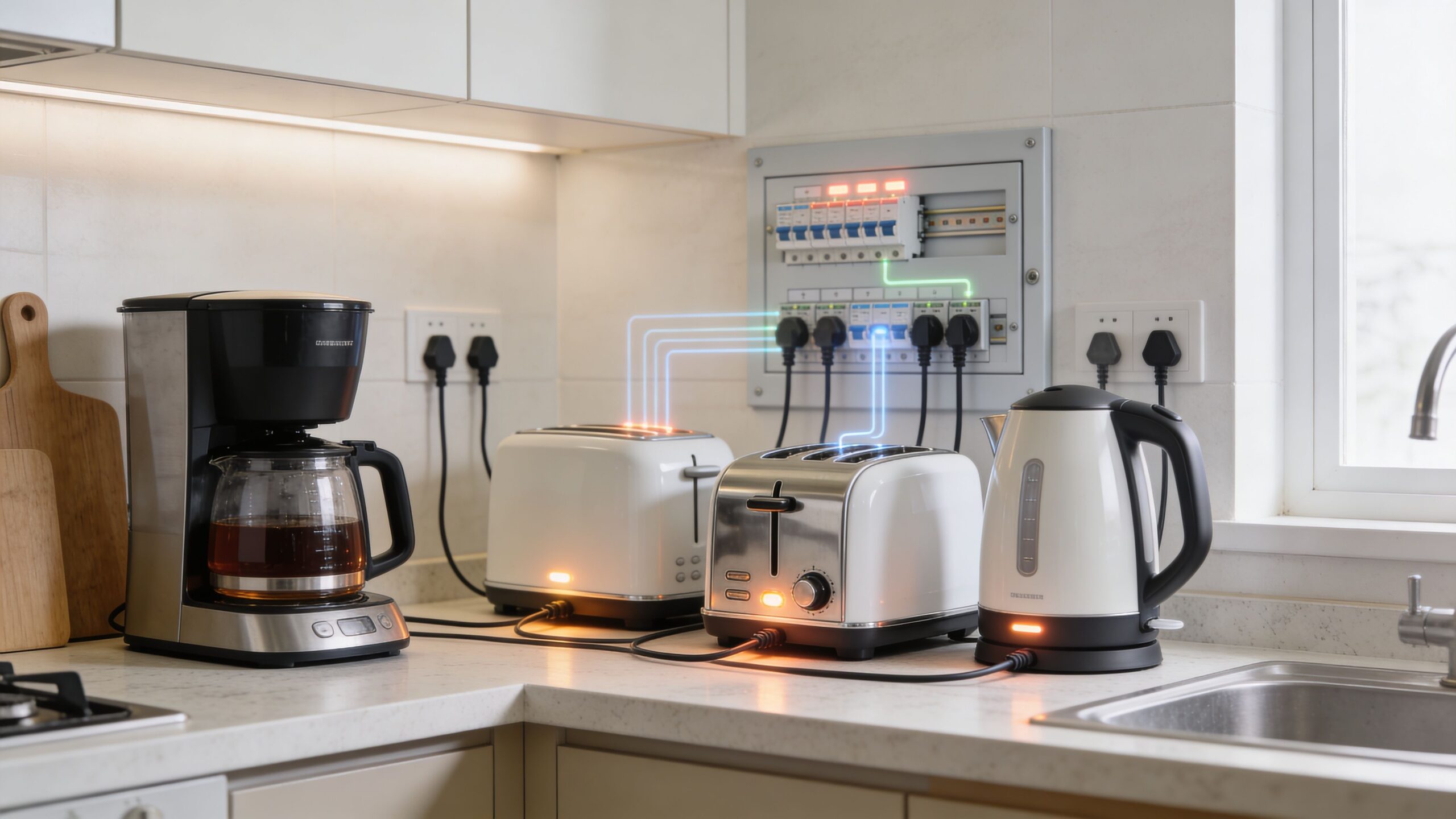 Køkkenbordplade med kaffemaskine, to brødristere og elkedel forbundet til elektriske stikkontakter i et moderne køkkenmiljø.