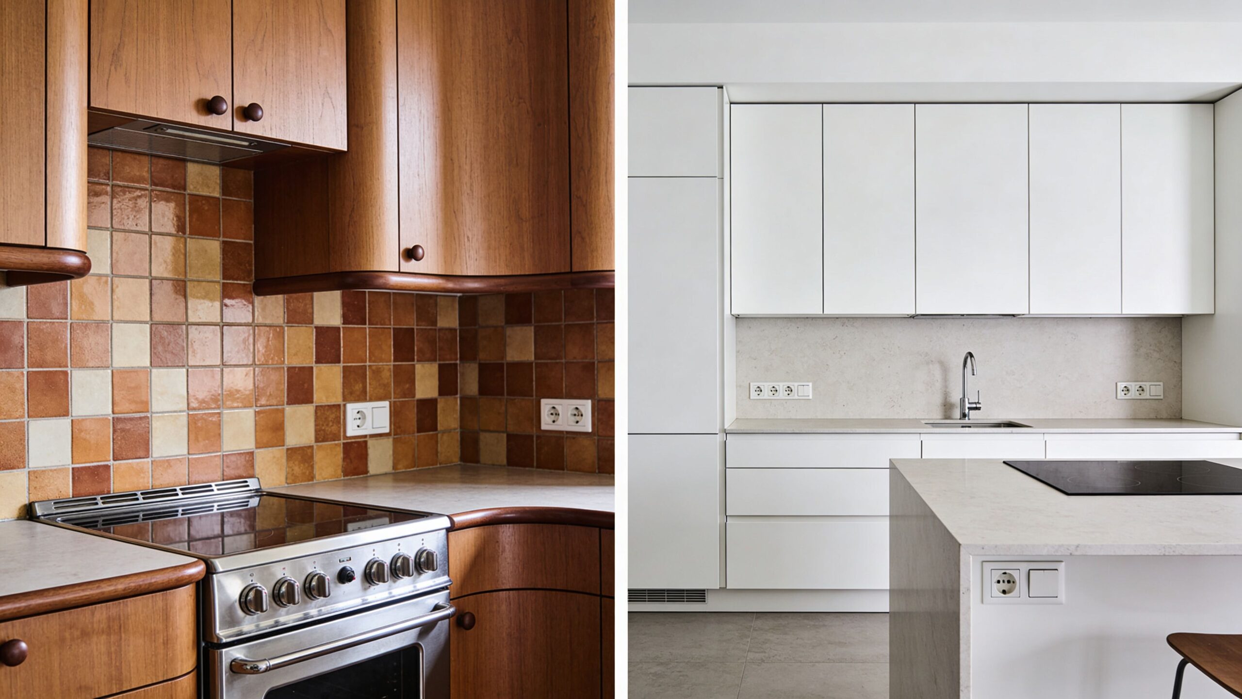 To forskellige køkkendesigns, et med træfronter og et moderne hvidt køkken med synlige stikkontakter på væggen.