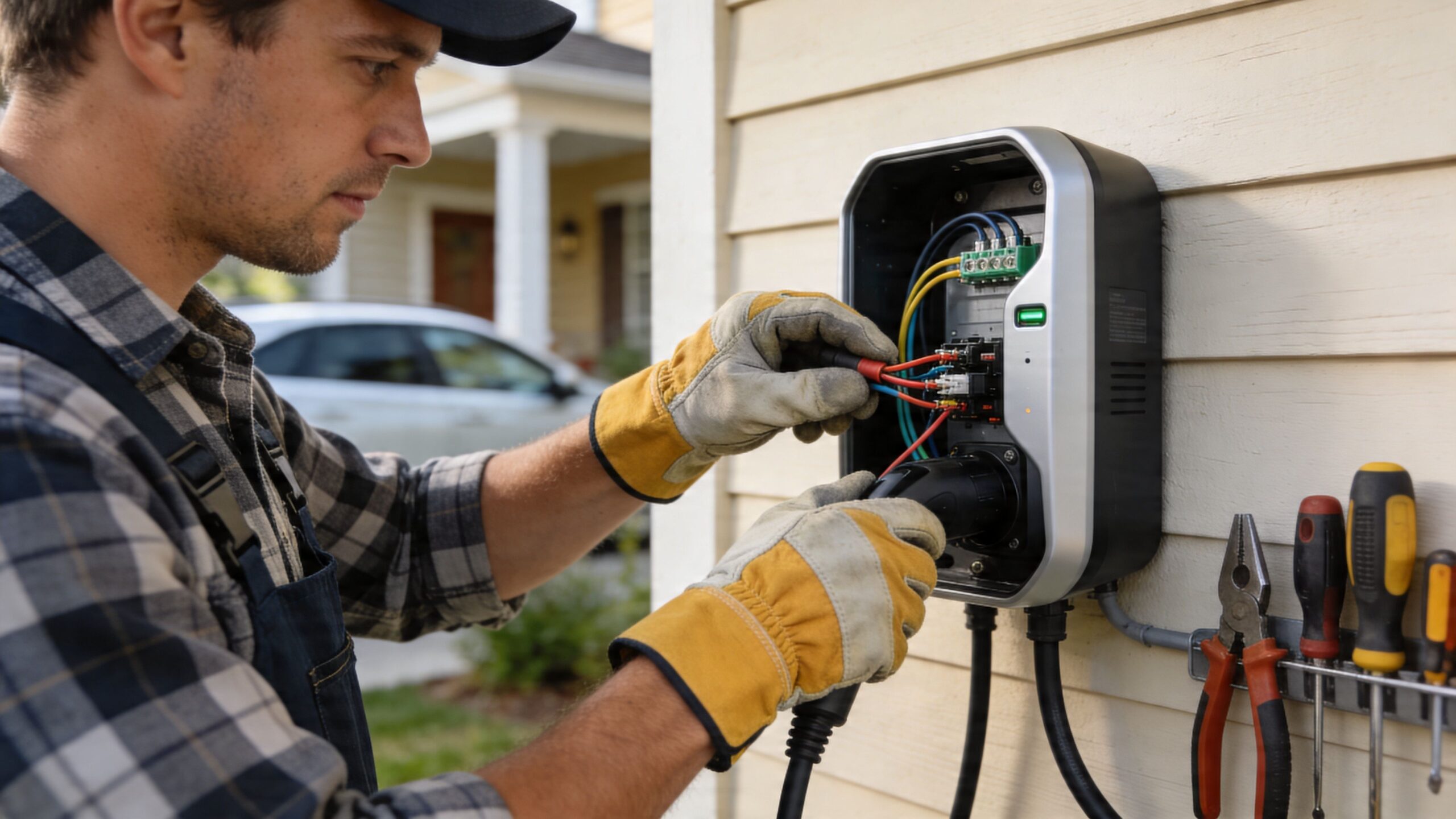 En elektriker installerer en ladestander til elbil monteret på væggen ved et hus med værktøjer ved siden af.