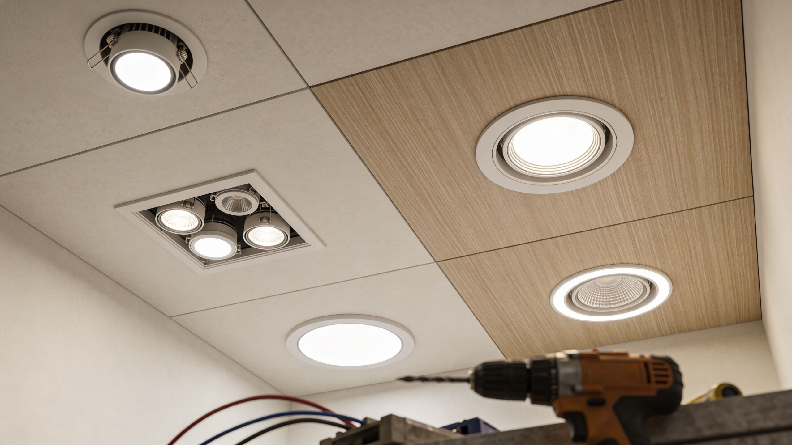 Nyt loft med indbyggede LED-spots installeret af en elektriker med professionelt værktøj i et moderne hjem.