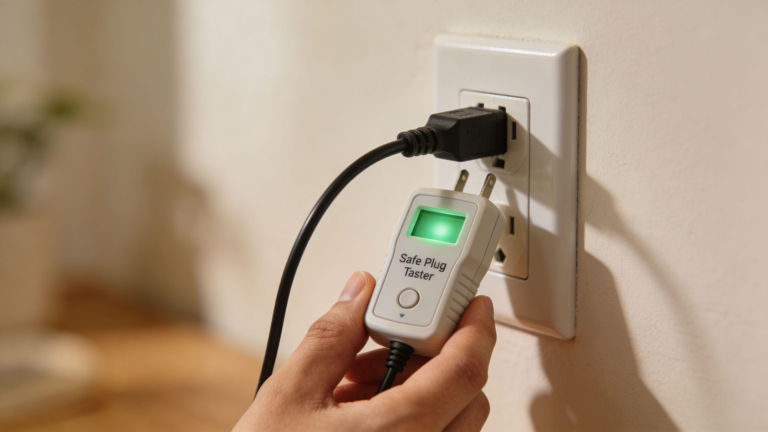 En person bruger en stikkontakttester til at tjekke sikkerheden i en elektrisk stikkontakt på en væg.