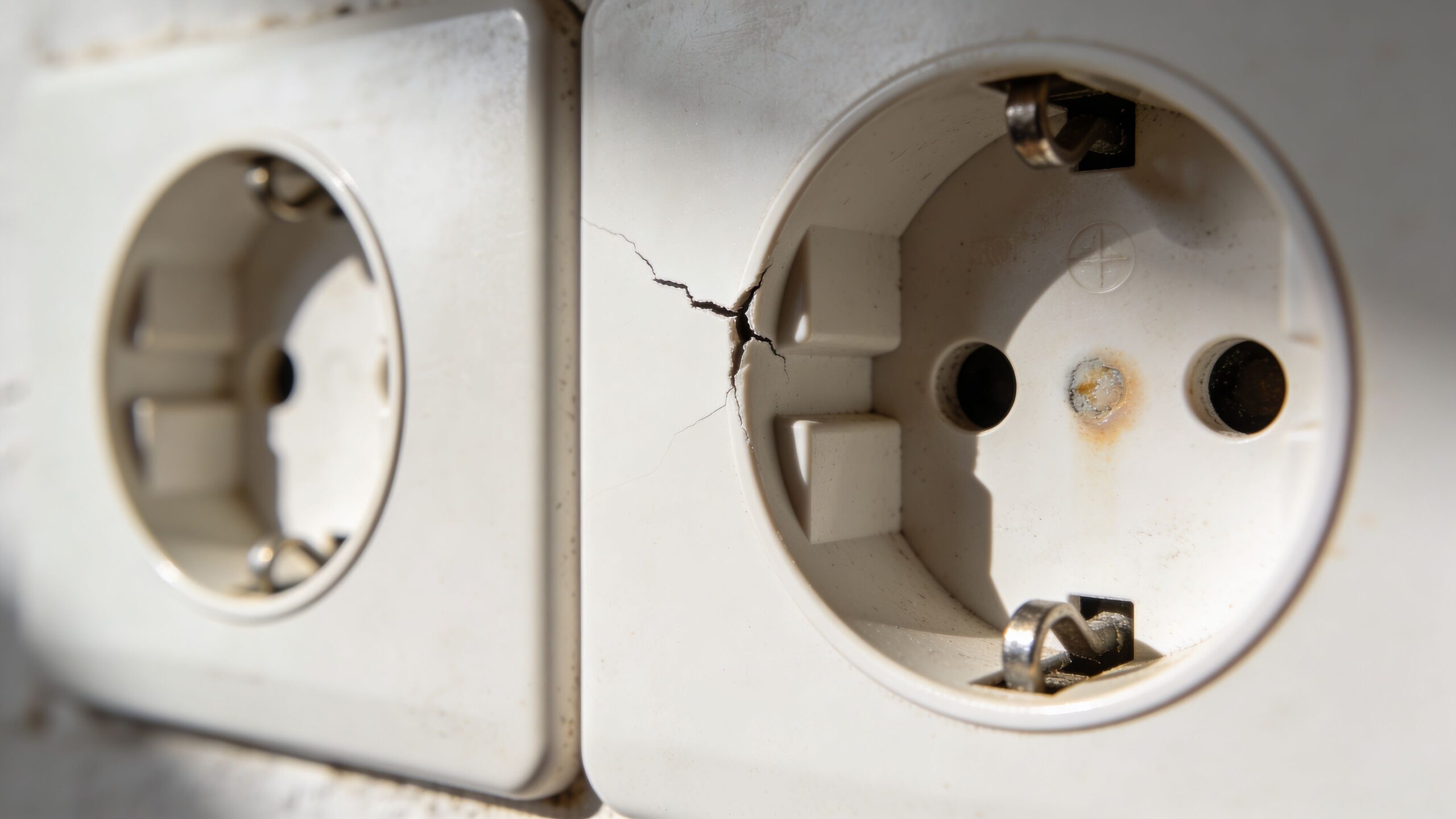 Nærbillede af en beskadiget og revnet hvid stikkontakt på en væg, der indikerer behov for elektrisk reparation.