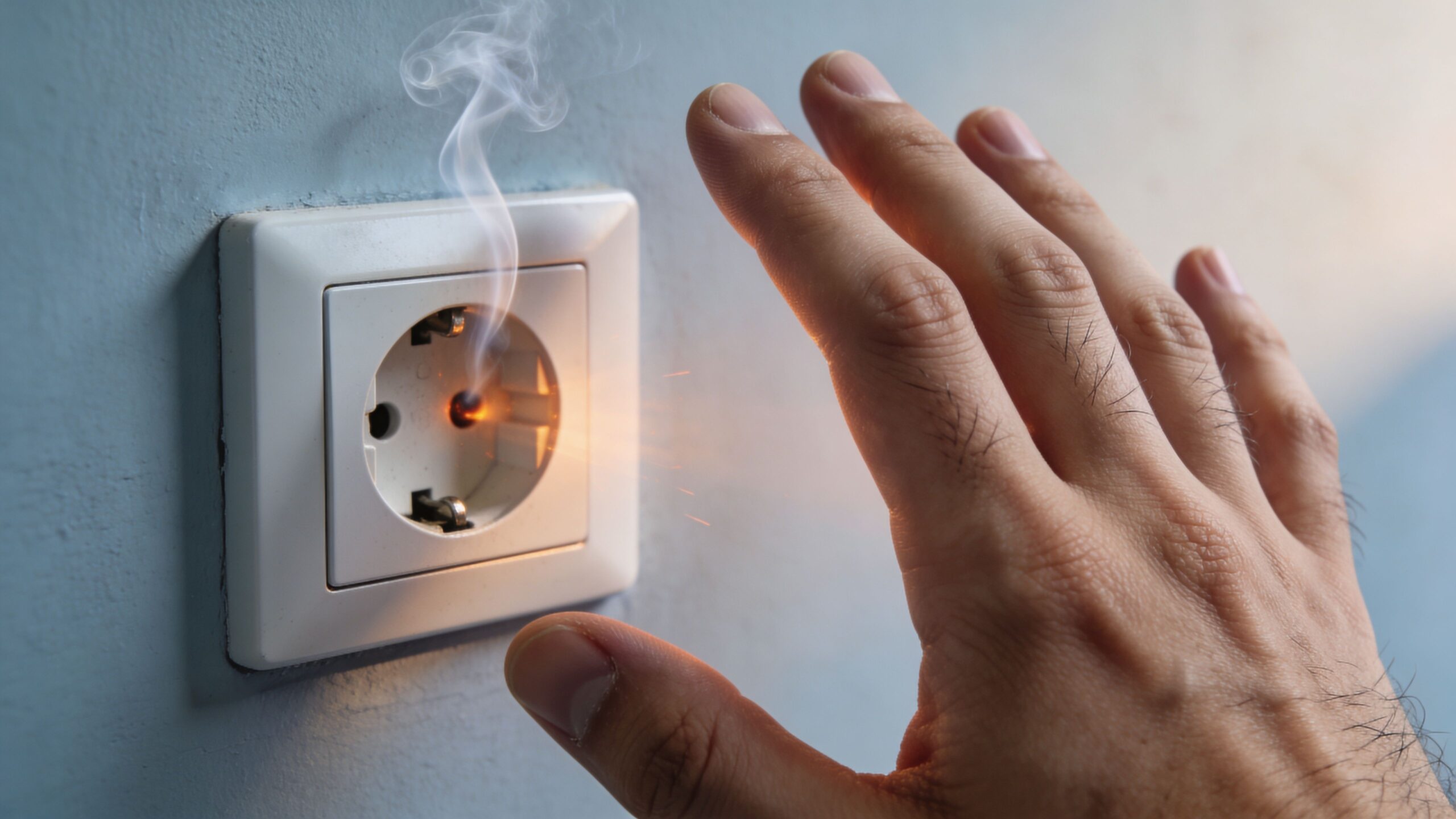 En hånd rækker ud mod en stikkontakt, der ryger og gnistrer på grund af en elektrisk kortslutning.