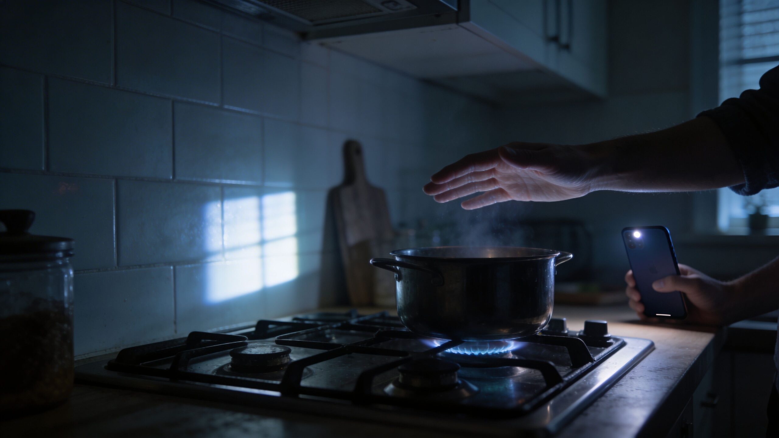 En person tjekker temperaturen på en gryde på et gaskomfur ved hjælp af lommelygten fra en smartphone.