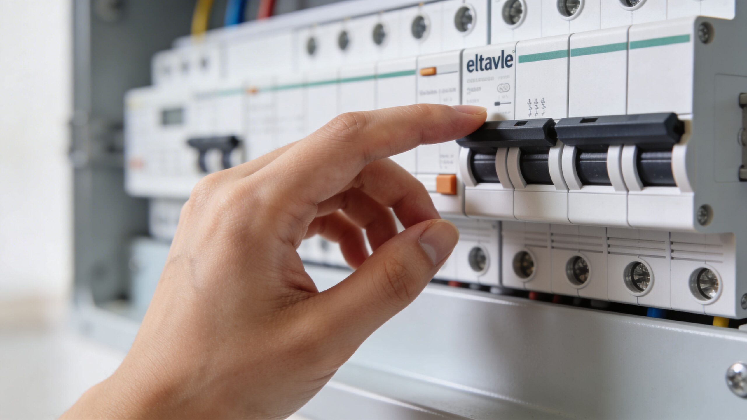 En hånd rækker ud for at tænde eller slukke for en elektrisk sikring i en eltavle.