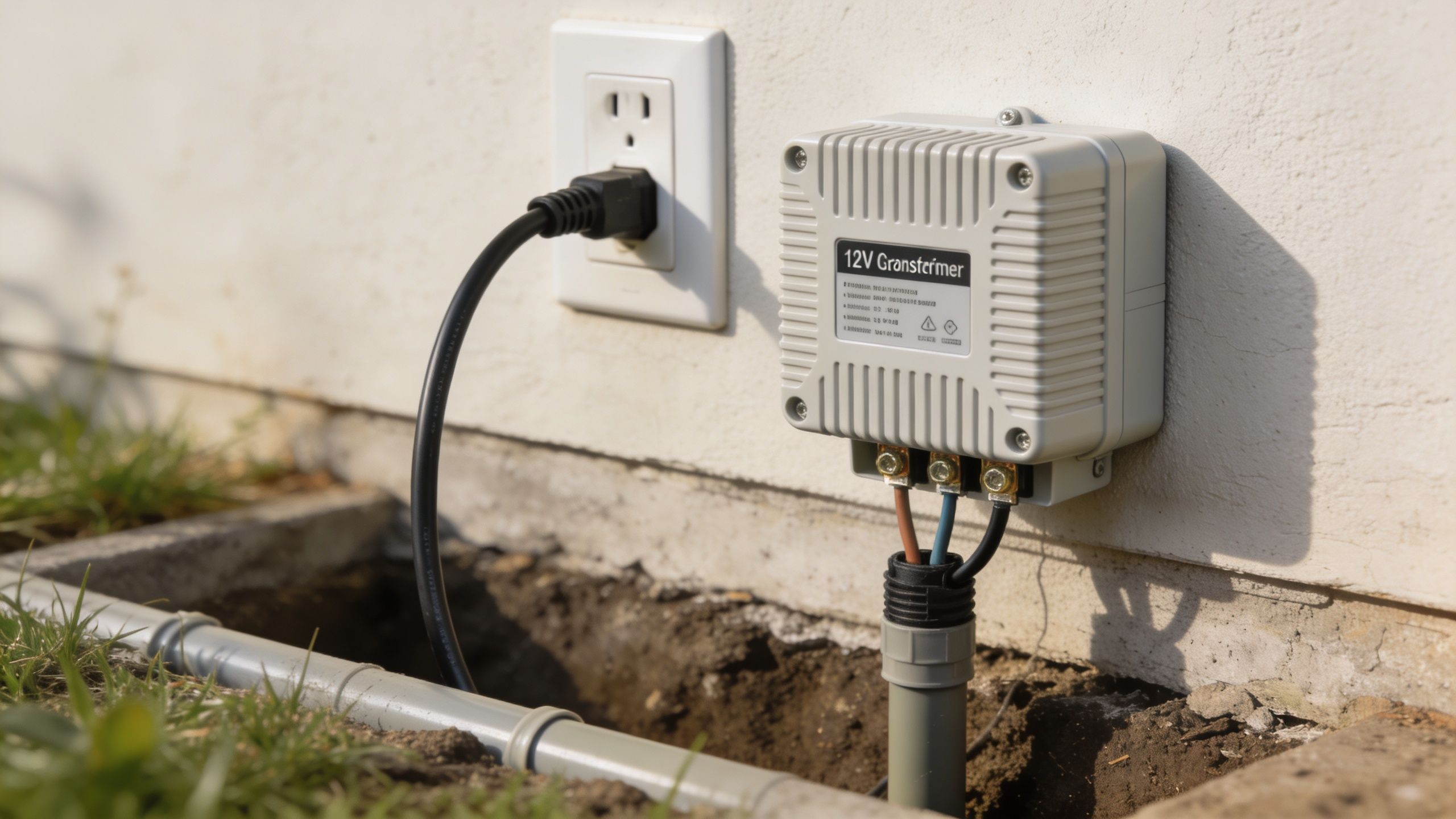 En 12V udendørs transformer monteret på en hvid væg, tilsluttet en stikkontakt og nedgravet kabelrør.