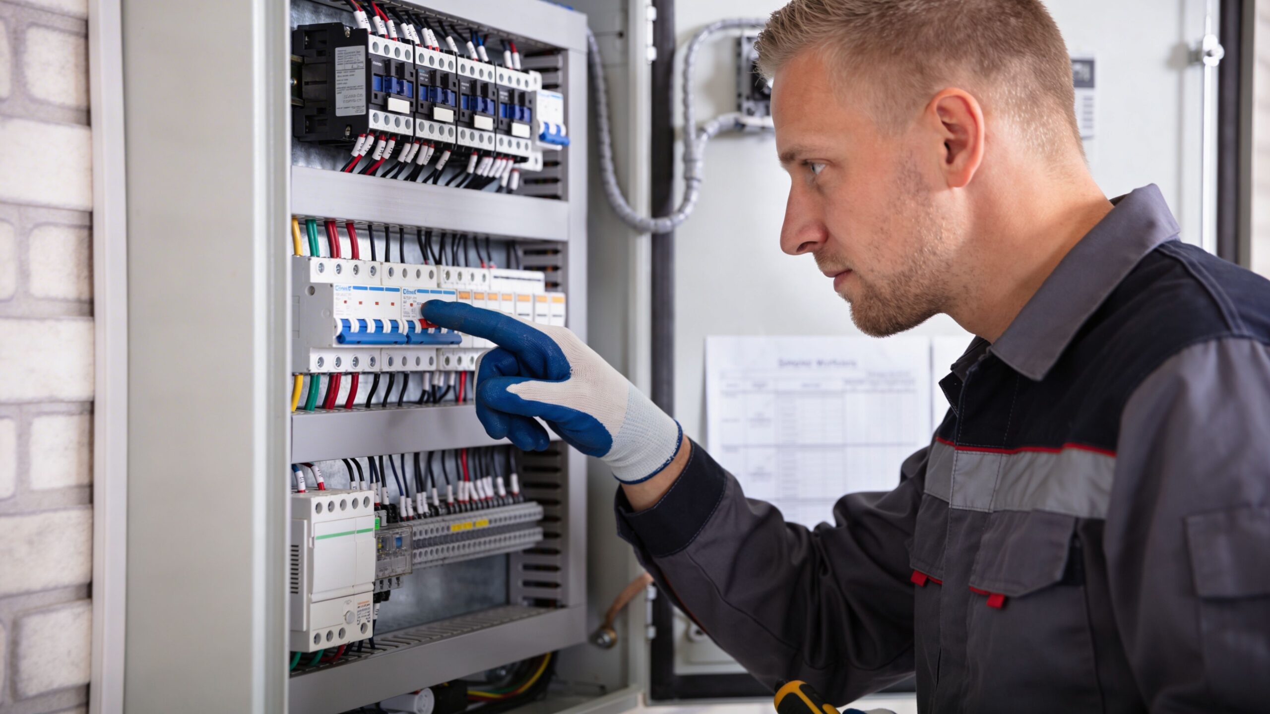 Elektriker der inspicerer en eltavle med automatsikringer og kontrollerer de elektriske installationer i et moderne teknikskab.