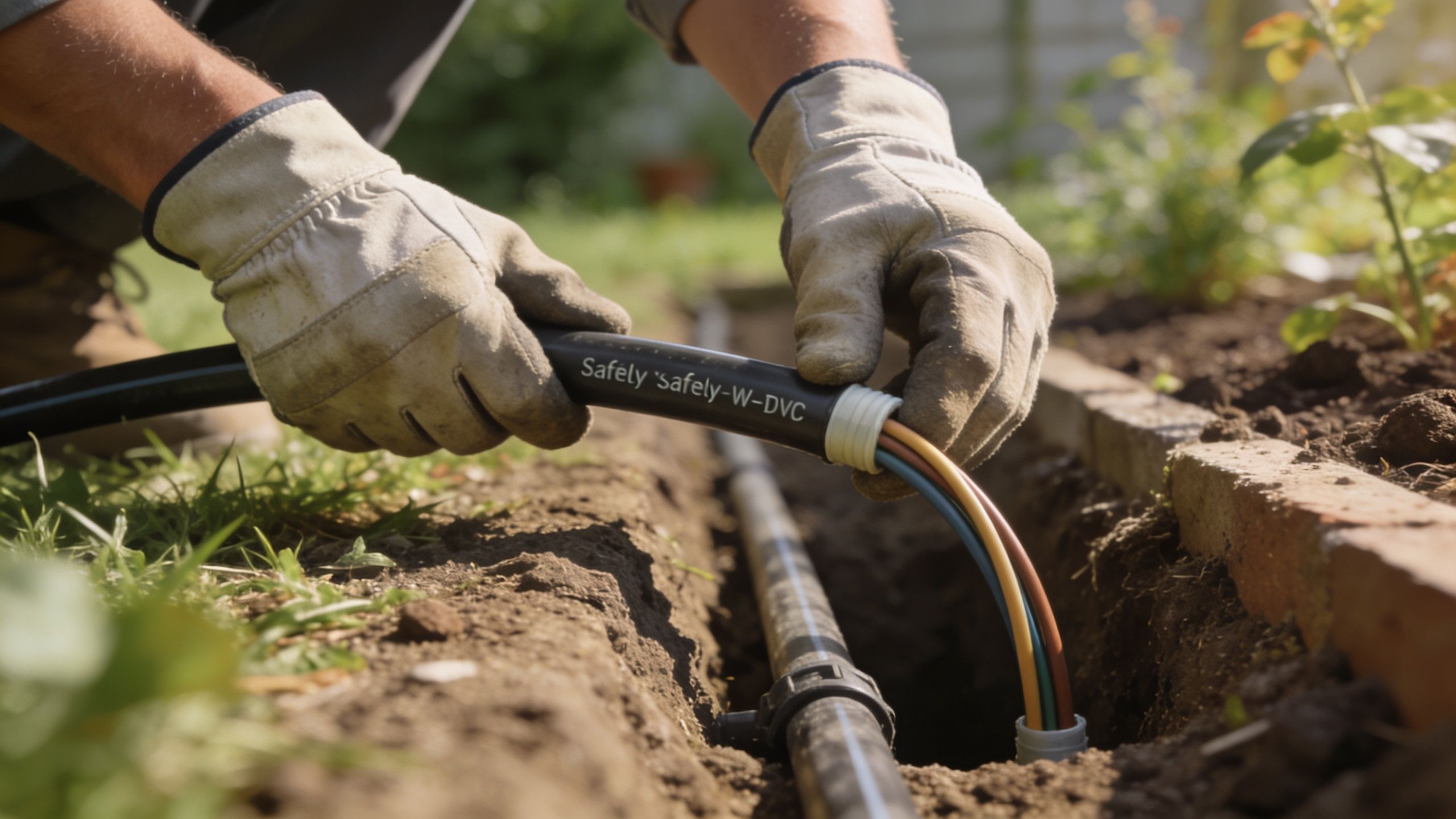 En gartner installerer et udendørs kabel i en gravet rende i haven til belysningssystemet.