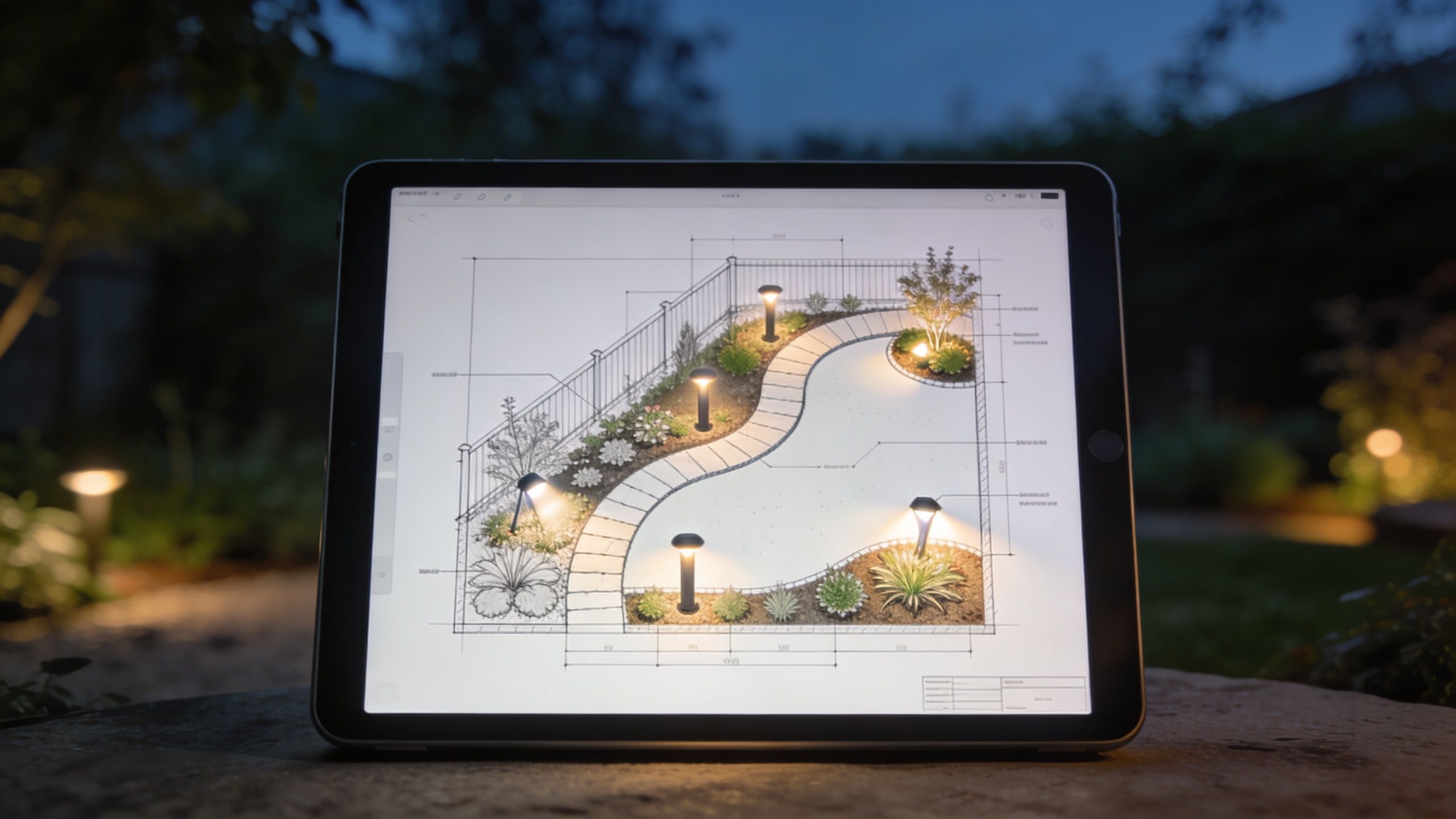En tablet viser et detaljeret havedesign med belysningsplaner placeret i en have om aftenen.