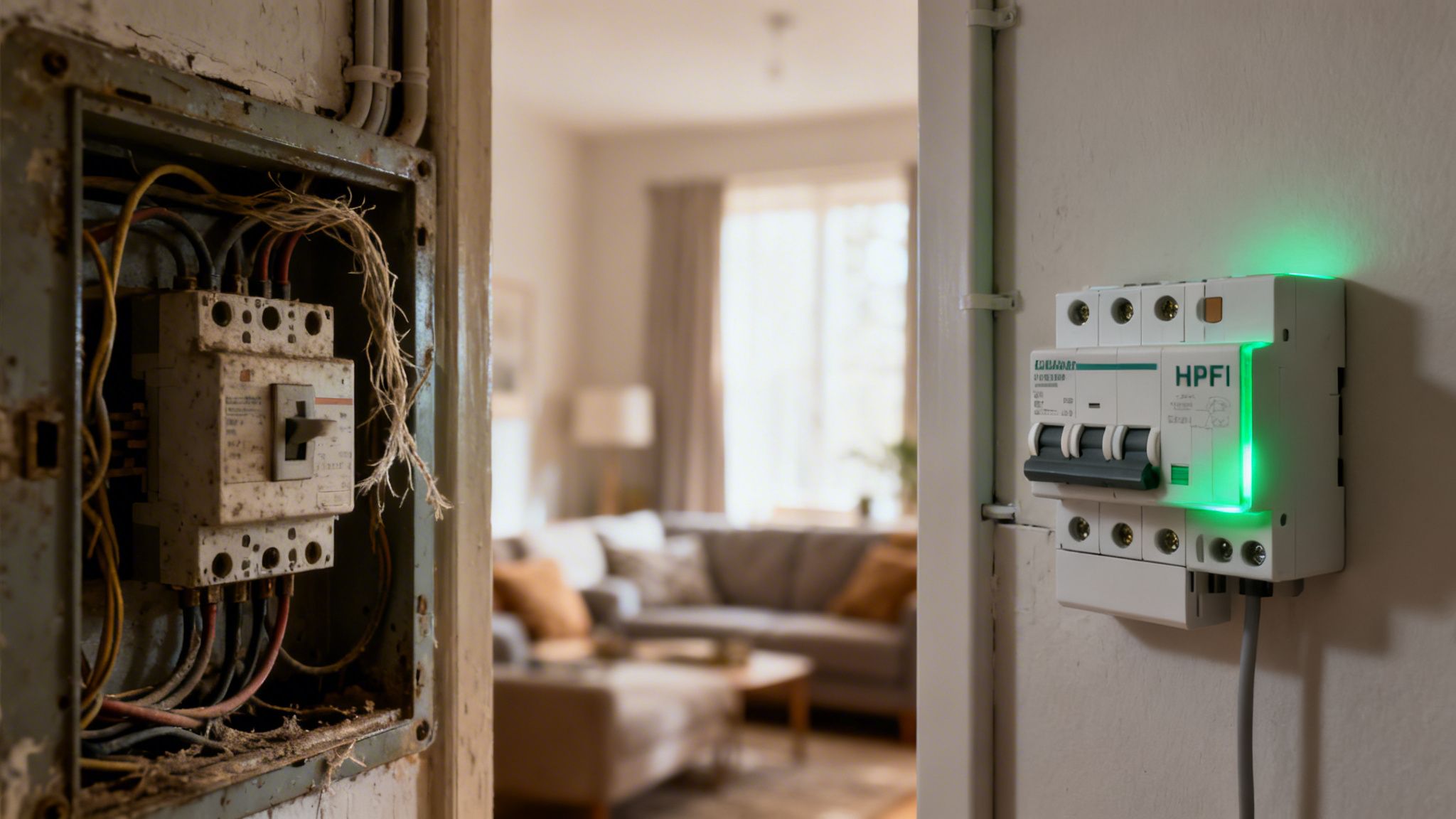 Gammelt sikringsskab og et nyt, moderne HPFI-relæ med grønt lys på væggen.
