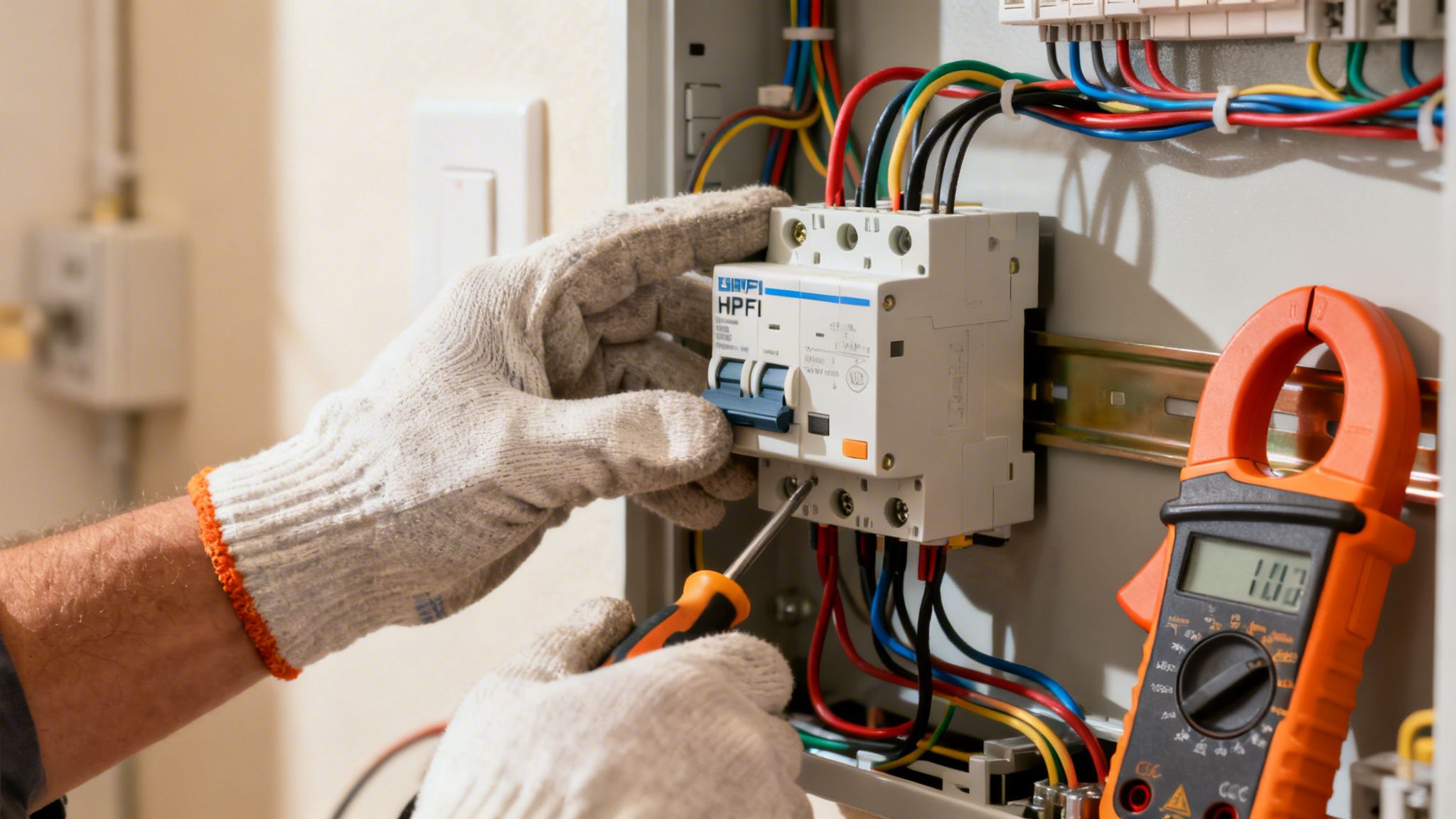 En elektriker monterer et HPFI-relæ i et el-skab med en skruetrækker, iført beskyttelseshandsker.