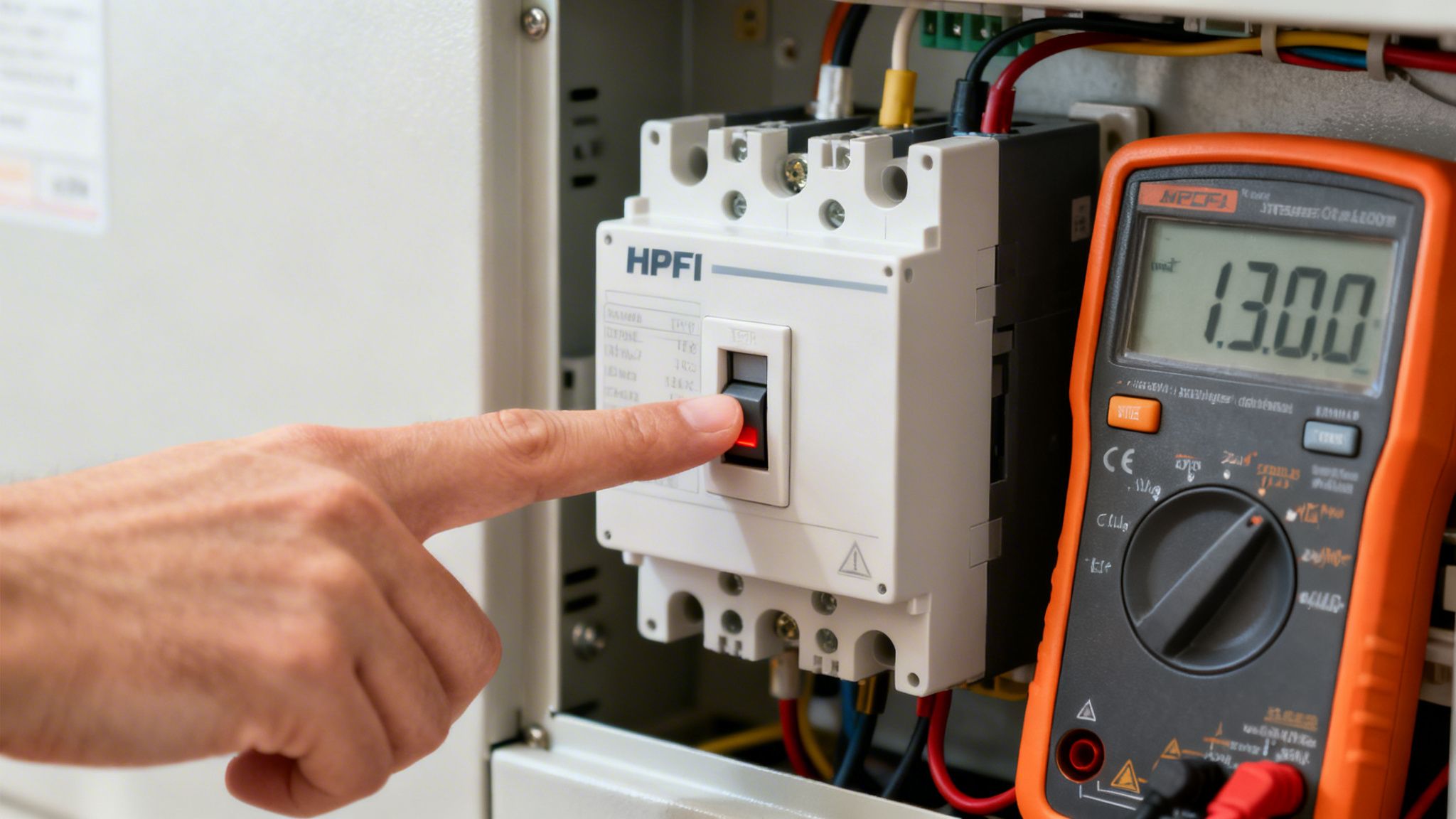En persons hånd trykker på en HPFI relæafbryder, med et multimeter, der viser 13.0.0, i en elektrisk installation.