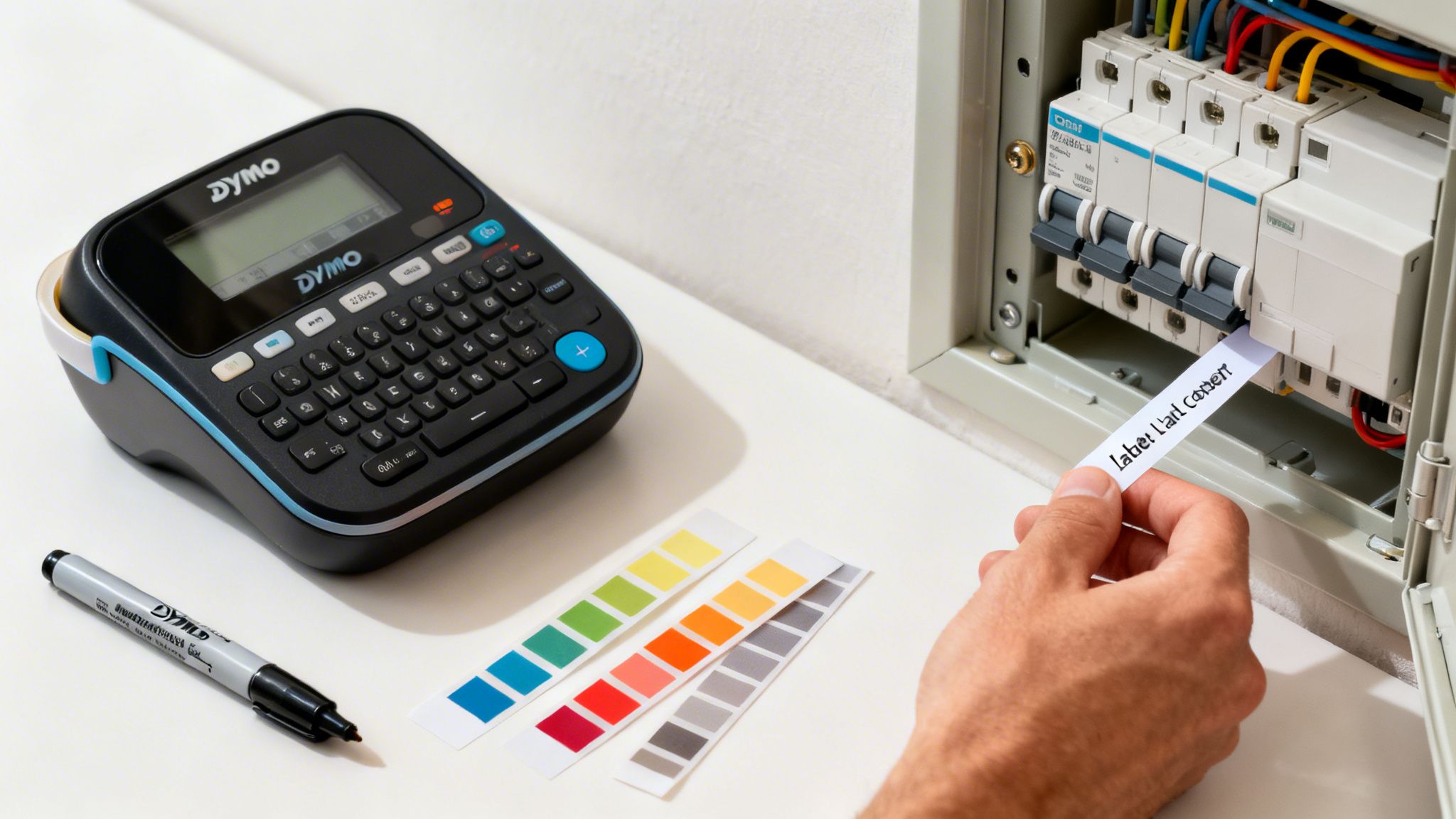 En person mærker en eltavle med en Dymo-label for bedre organisering og sikkerhed i hjemmet.