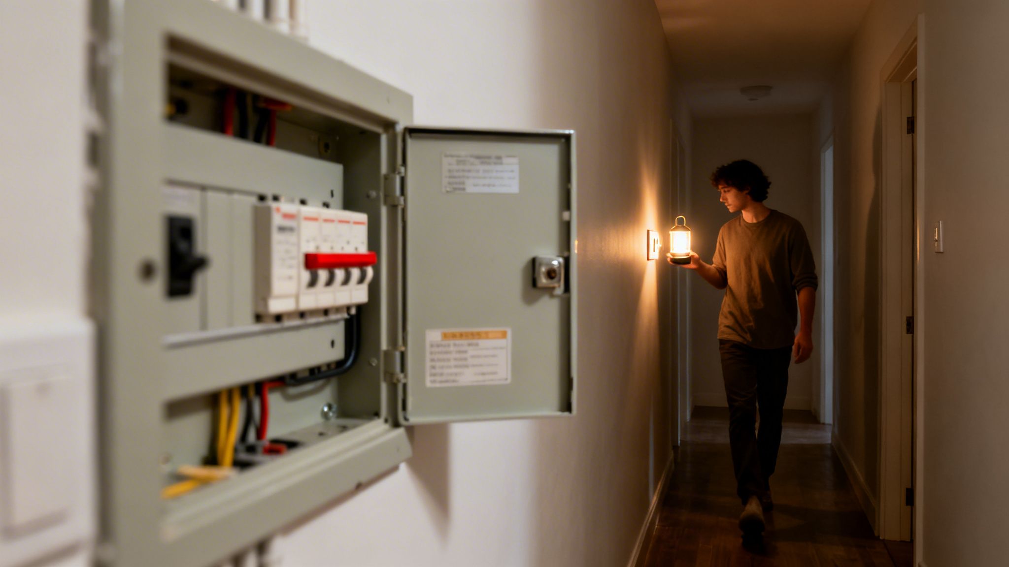 En person i en mørk gang holder en lysende lanterne og går forbi et åbent eltavle med sikringer.