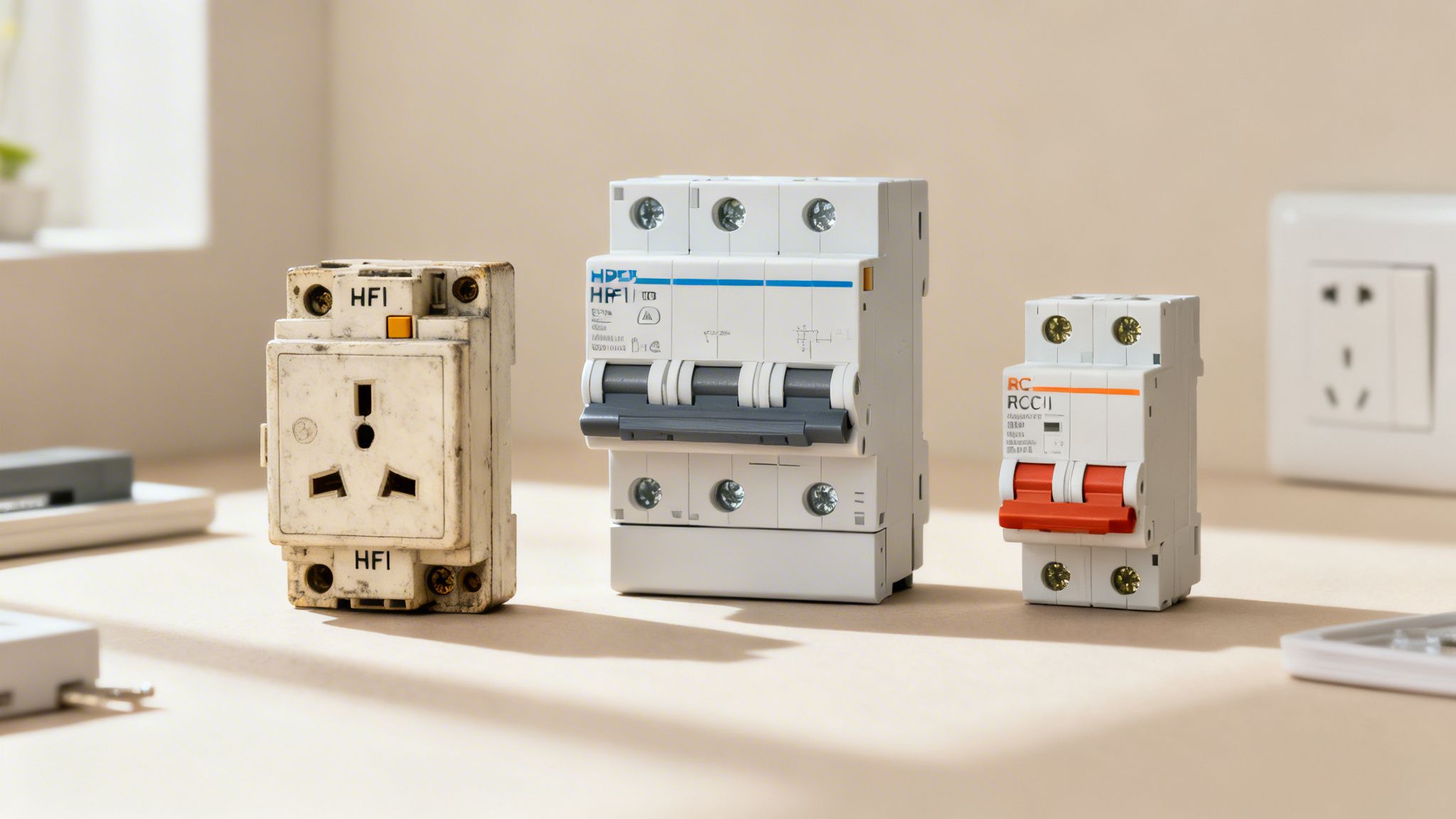 En samling af elektriske komponenter, inklusive et HPFI-relæ, afbrydere og en stikkontakt.