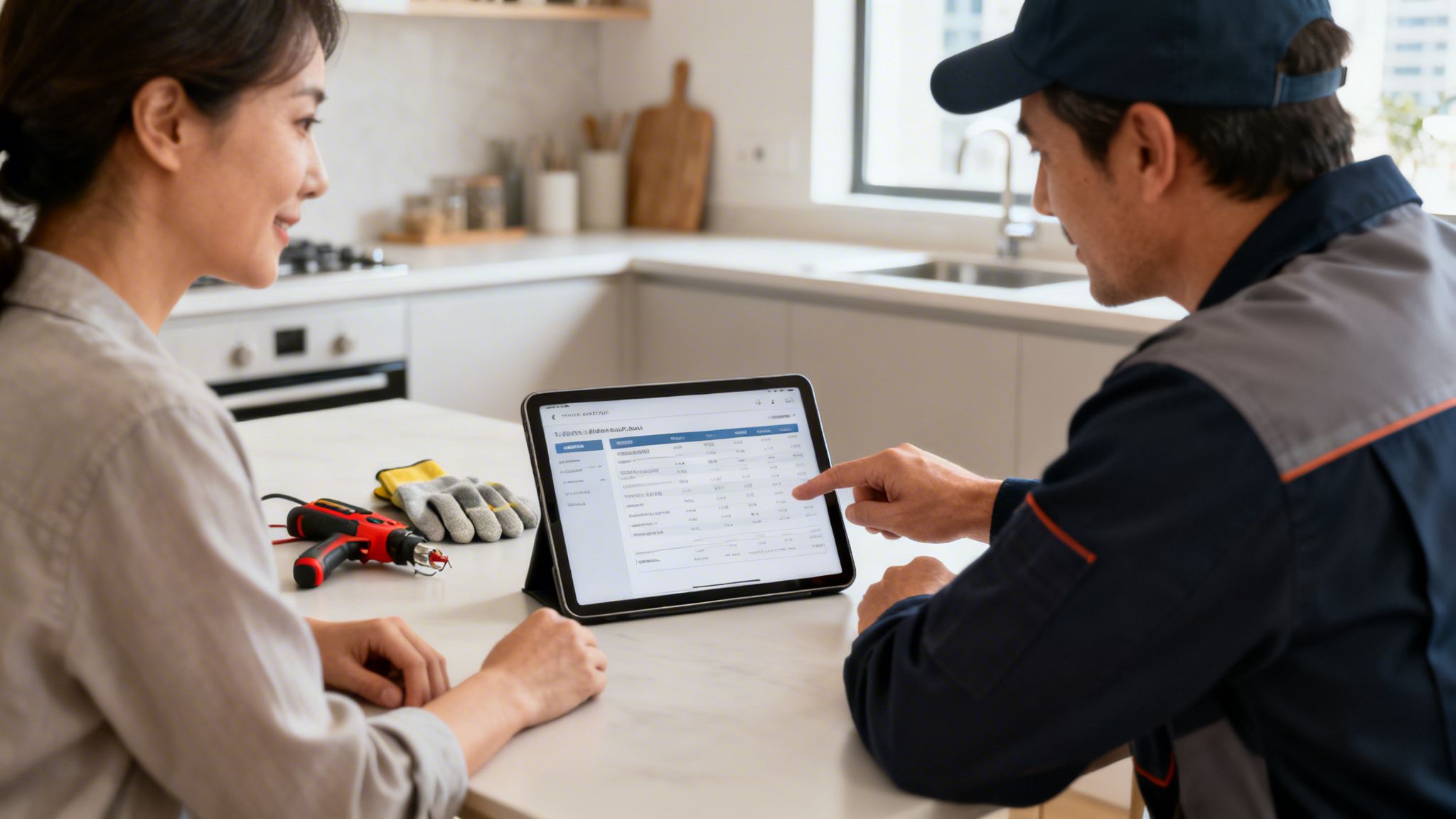 En elektriker viser en kunde et tilbud på en tablet i et moderne køkken.