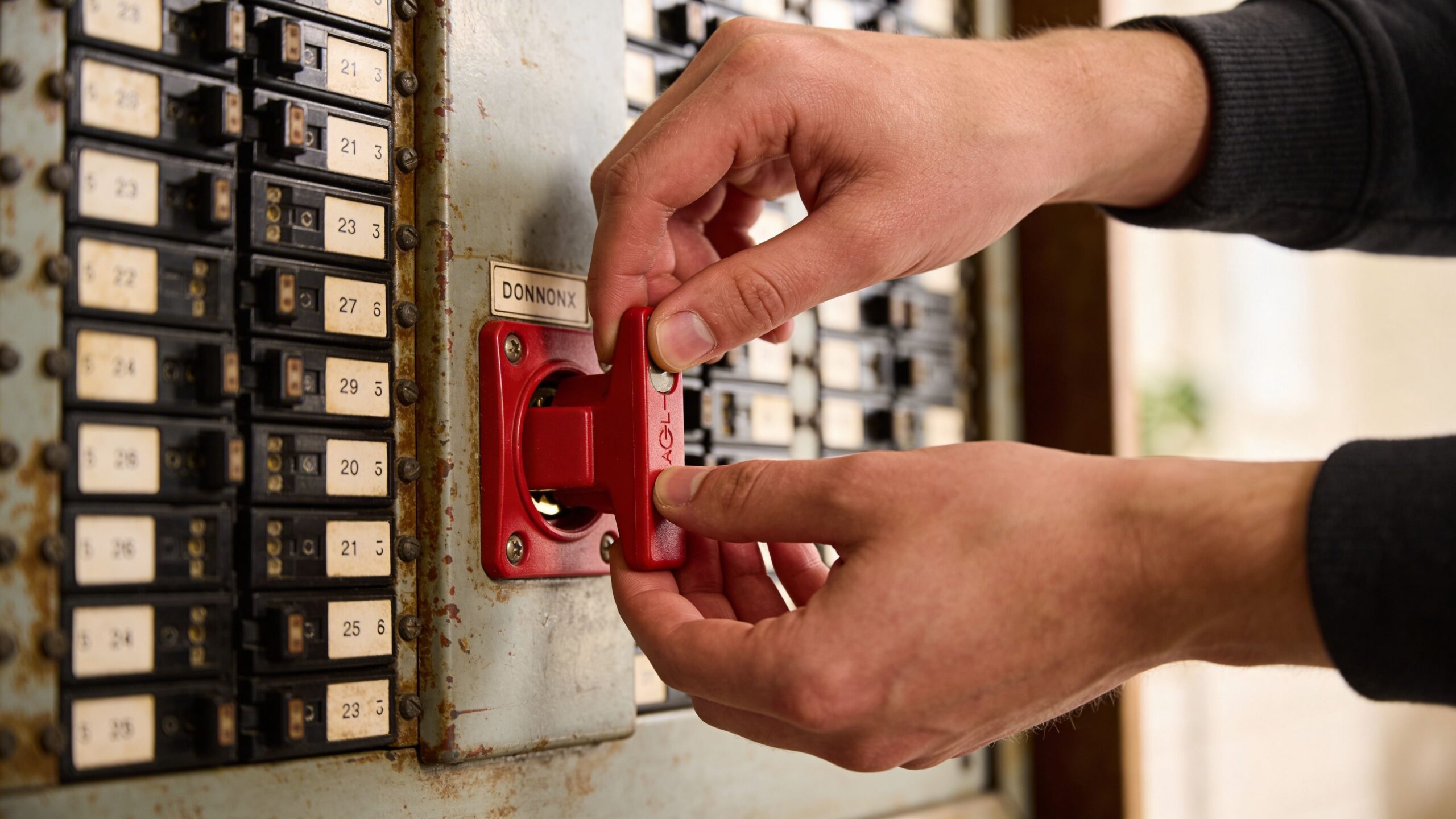 En person, der bruger hænderne til at dreje en rød kontakt på en gammel elektrisk tavle.
