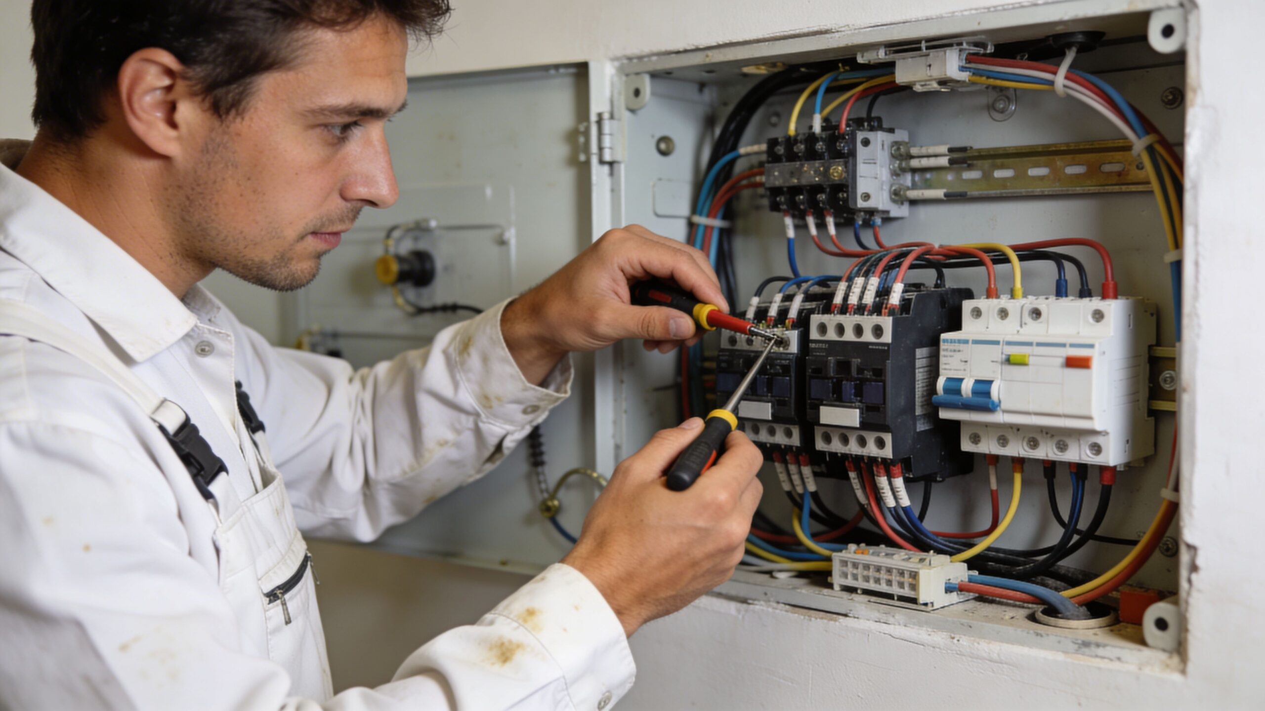 En elektriker arbejder fokuseret med at reparere elektriske komponenter i en åben eltavle med mange farvede ledninger.