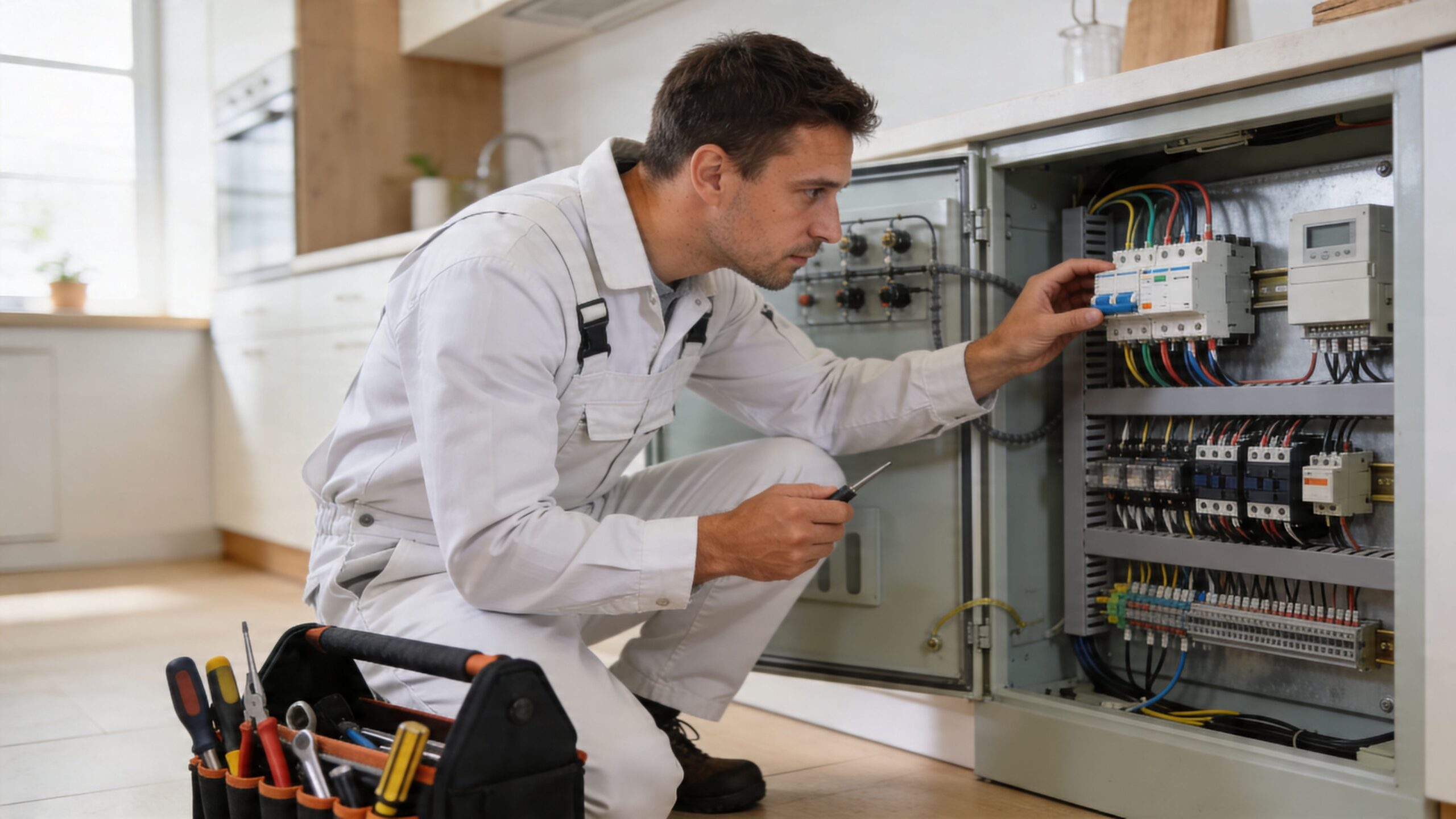 En professionel elektriker i hvid arbejdsdragt undersøger og reparerer et elektrisk sikringsskab i et moderne køkkenmiljø.