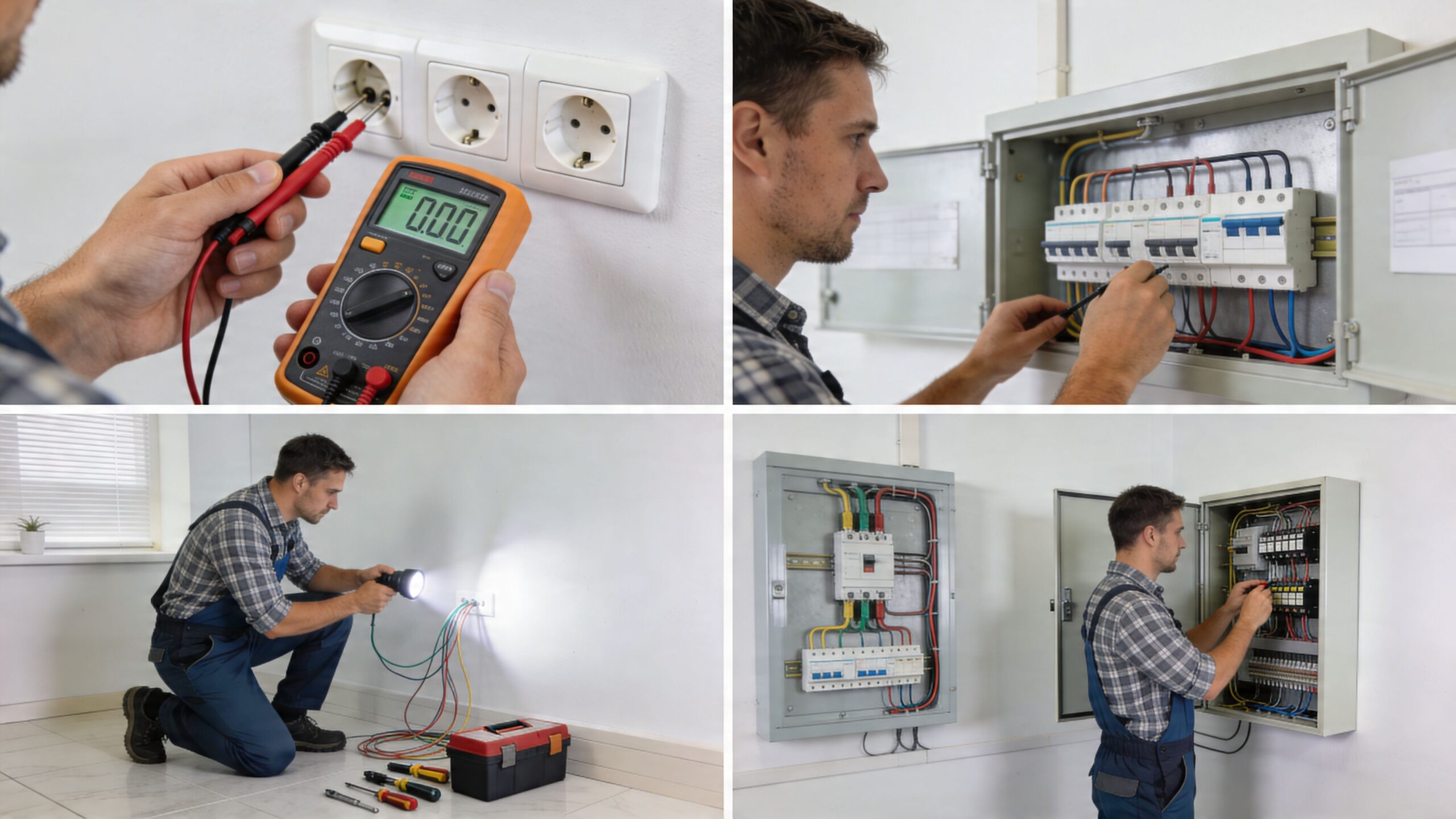 Elektriker der udfører professionelt el-eftersyn og kontrollerer elektriske installationer i en bolig med forskelligt måleudstyr og værktøj
