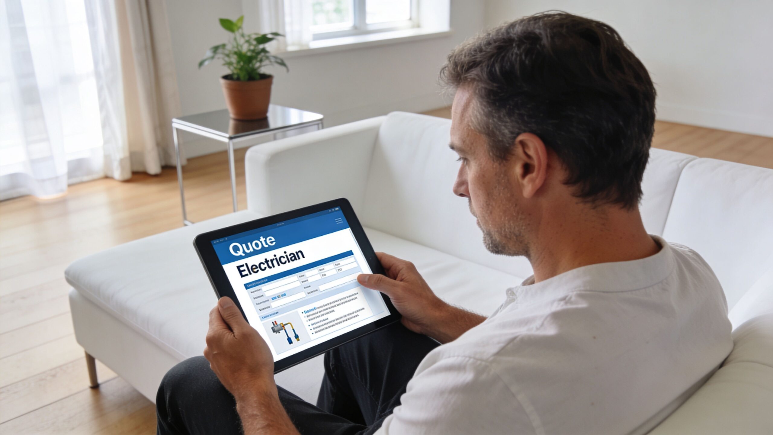 En mand sidder i en hvid sofa og kigger på et pristilbud for elektrikerarbejde på sin tablet.