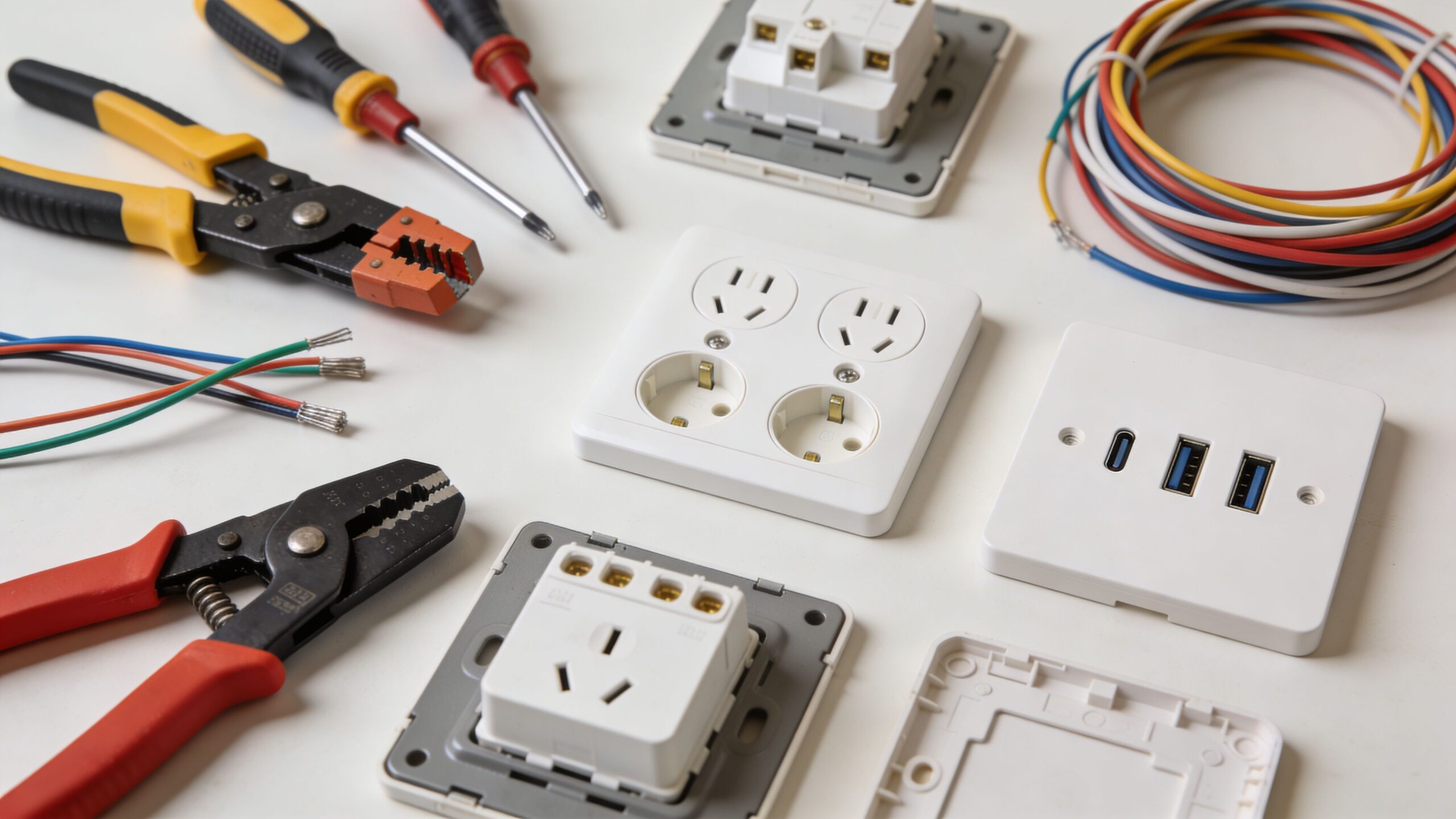 Et udvalg af elektrisk værktøj, ledninger og forskellige typer stikkontakter klar til el-installation på et bord.
