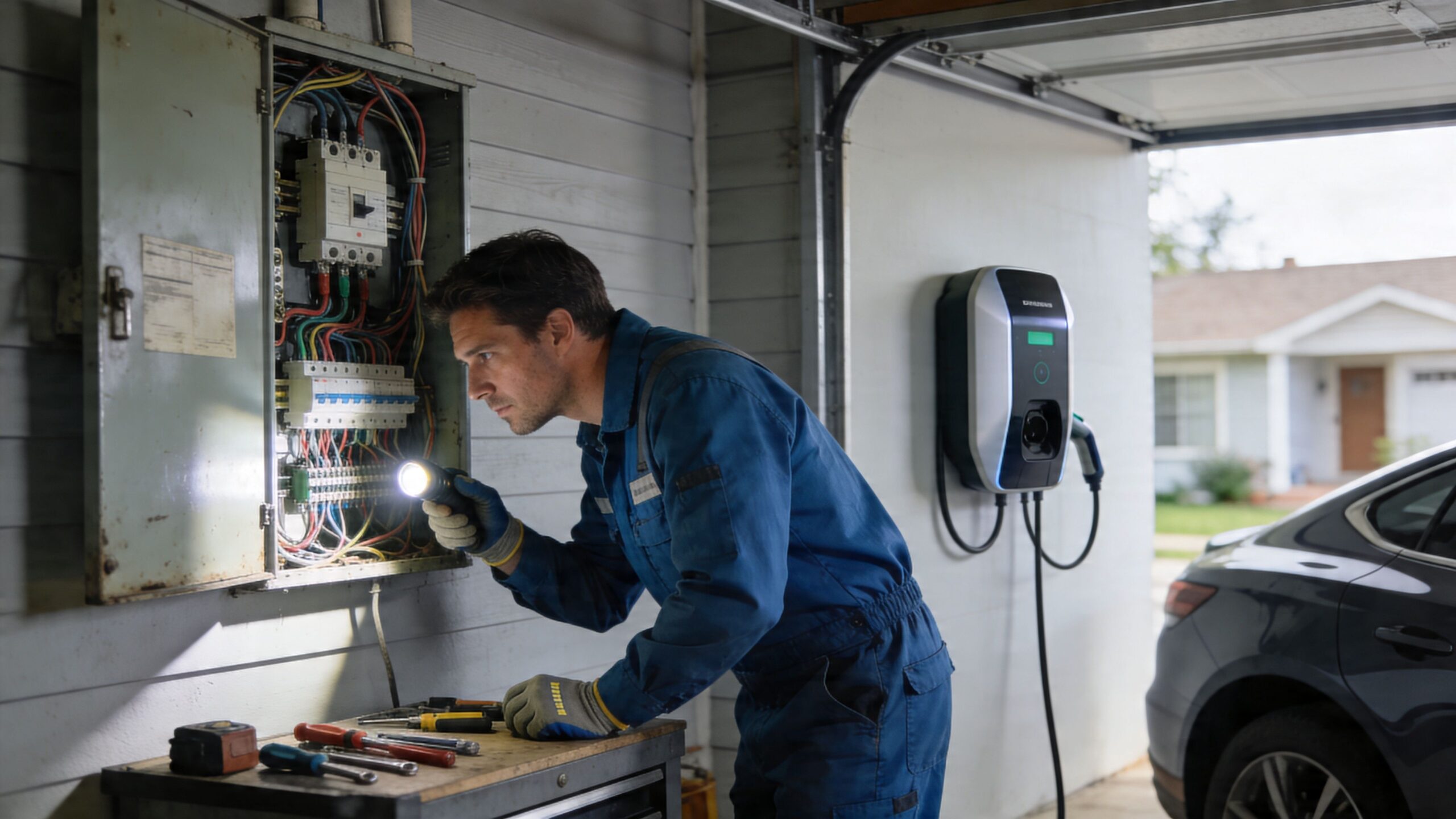 Elektriker undersøger el-tavle med lommelygte ved siden af en nyinstalleret ladestander til elbil i en garage.