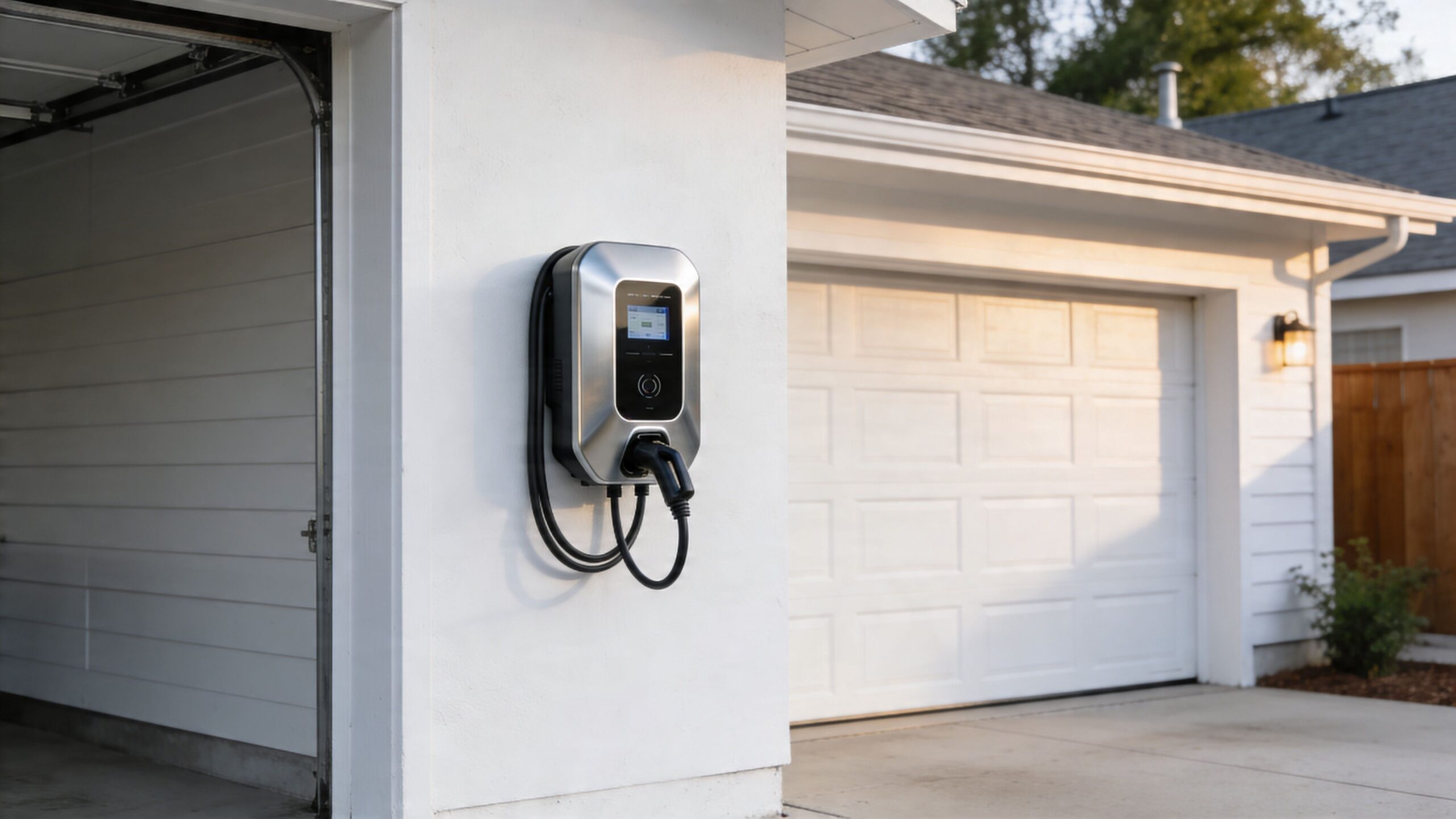 En moderne elbil-ladestander monteret på væggen ved siden af en hvid garageport i et boligområde.
