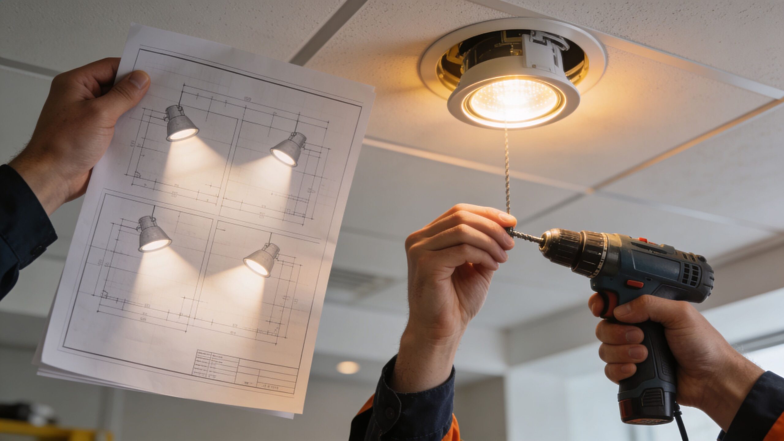 Elektriker der holder en arbejdstegning og monterer et forsænket spotlys i et loft med en boremaskine.