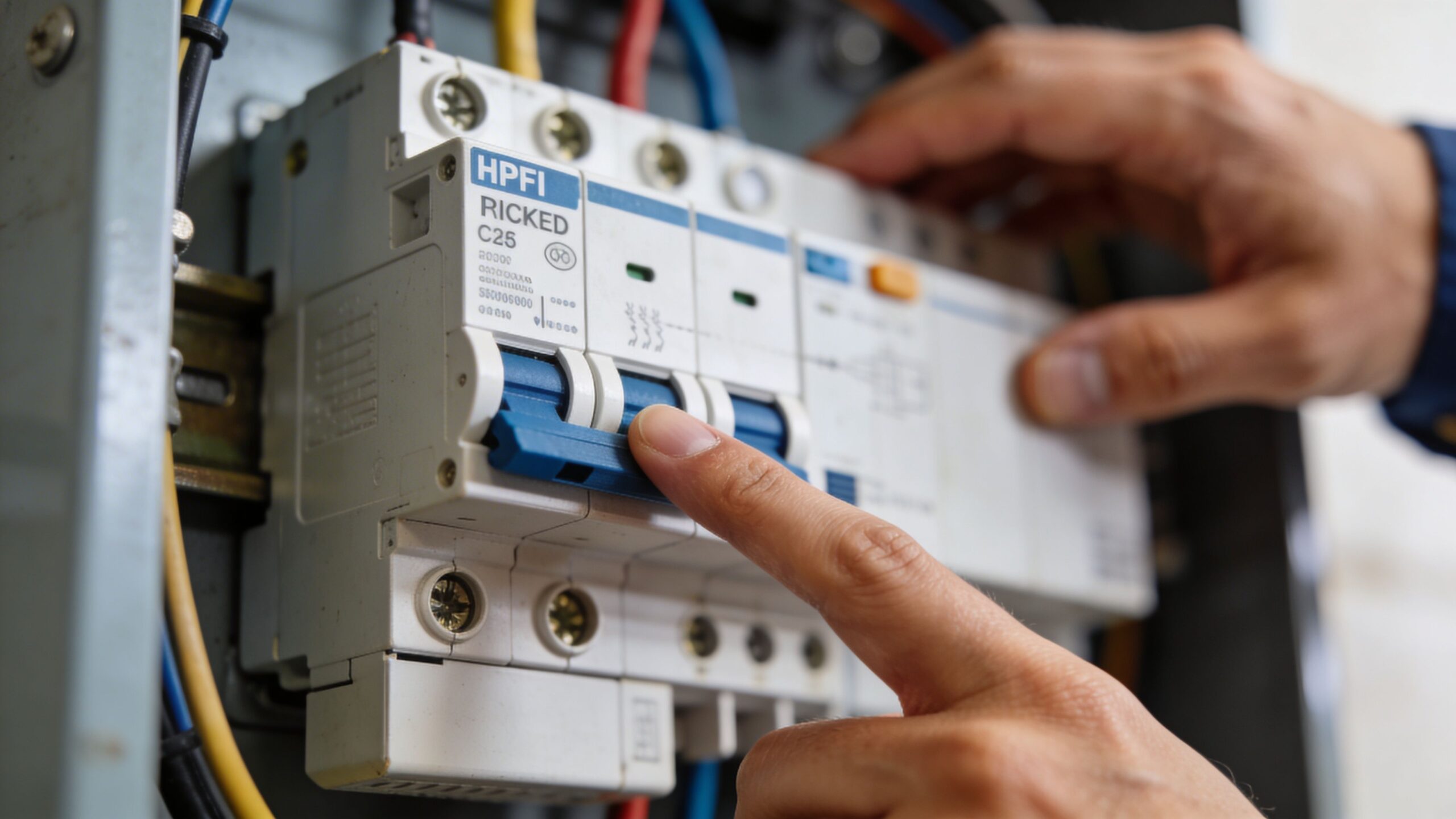 En elektriker der trykker på testknappen på et HPFI-relæ i en elektrisk gruppetavle for sikkerhedstjek.