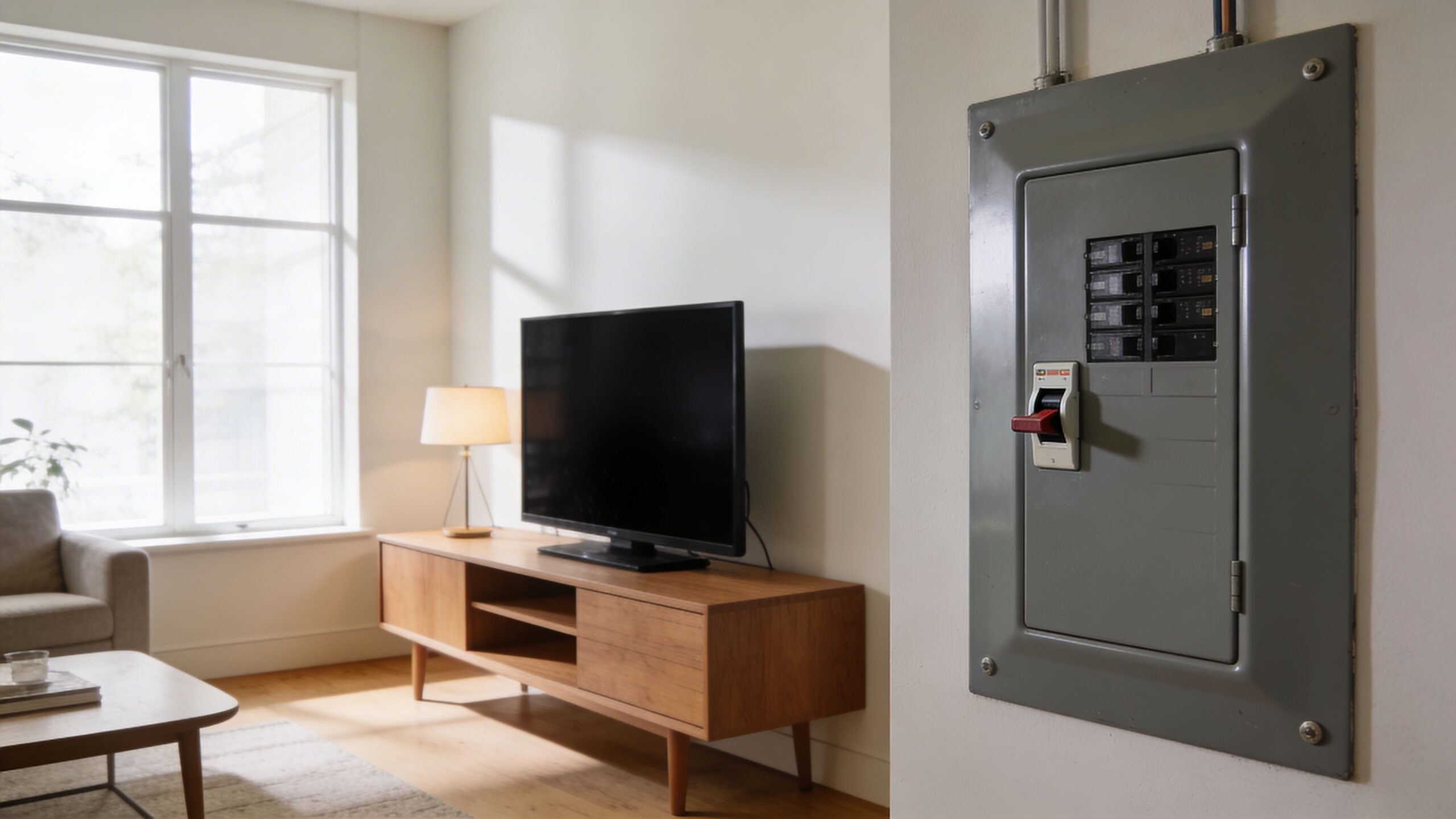 Et moderne el-skab med HPFI-relæ monteret på en væg i en stue ved siden af et tv.