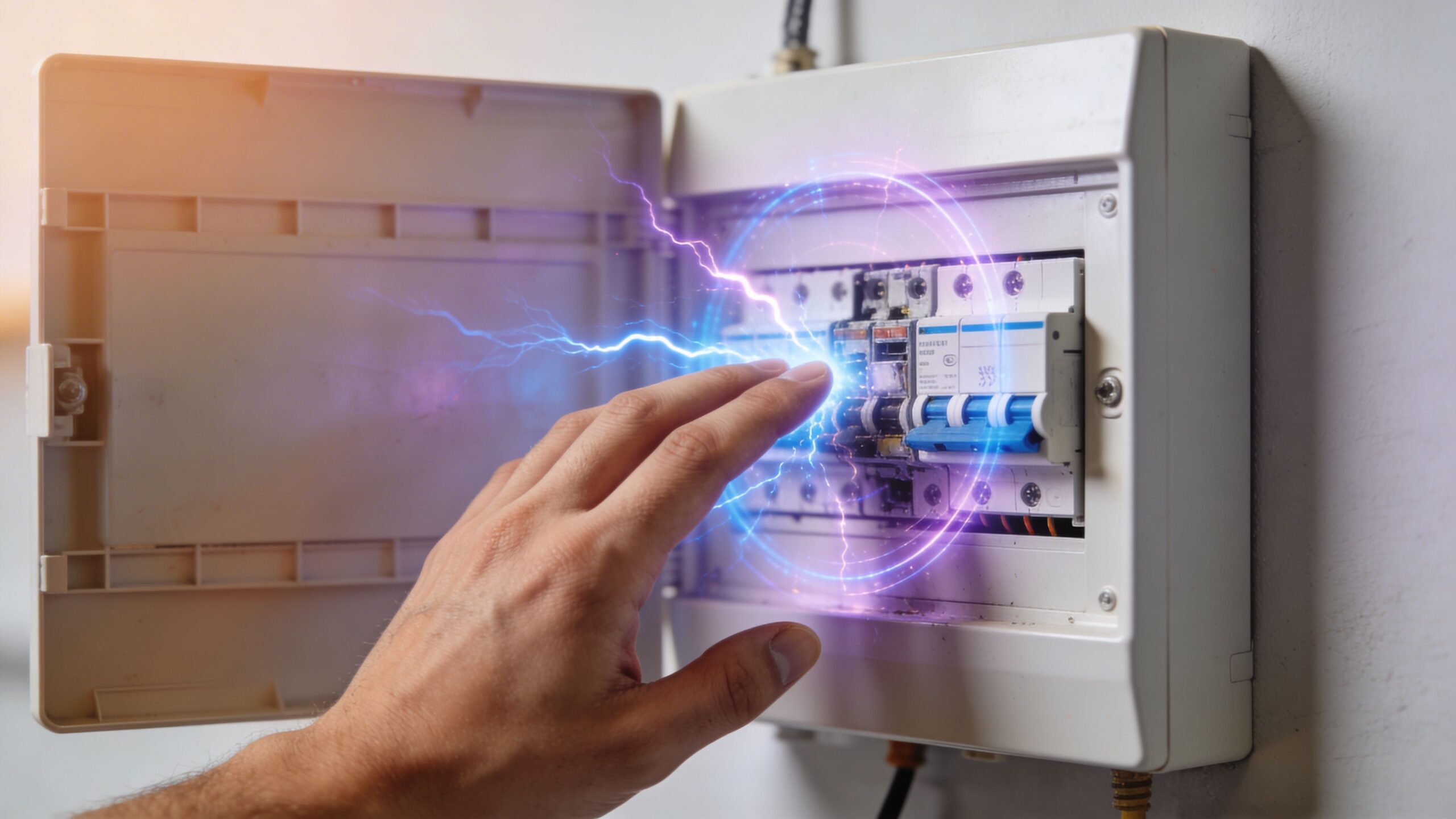 En person rører ved en elektrisk sikringsboks med farlige elektriske gnister, hvilket illustrerer risikoen ved elektrisk stød.