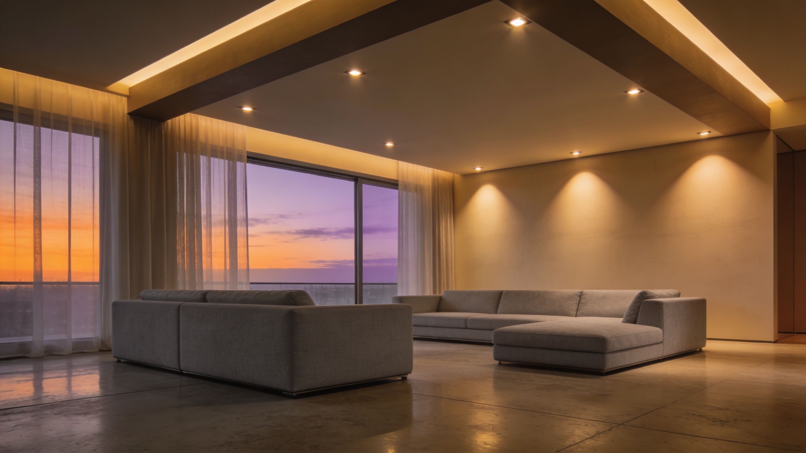 En elegant stue med grå sofaer, indirekte loftbelysning og en fantastisk udsigt over en farverig solnedgang.