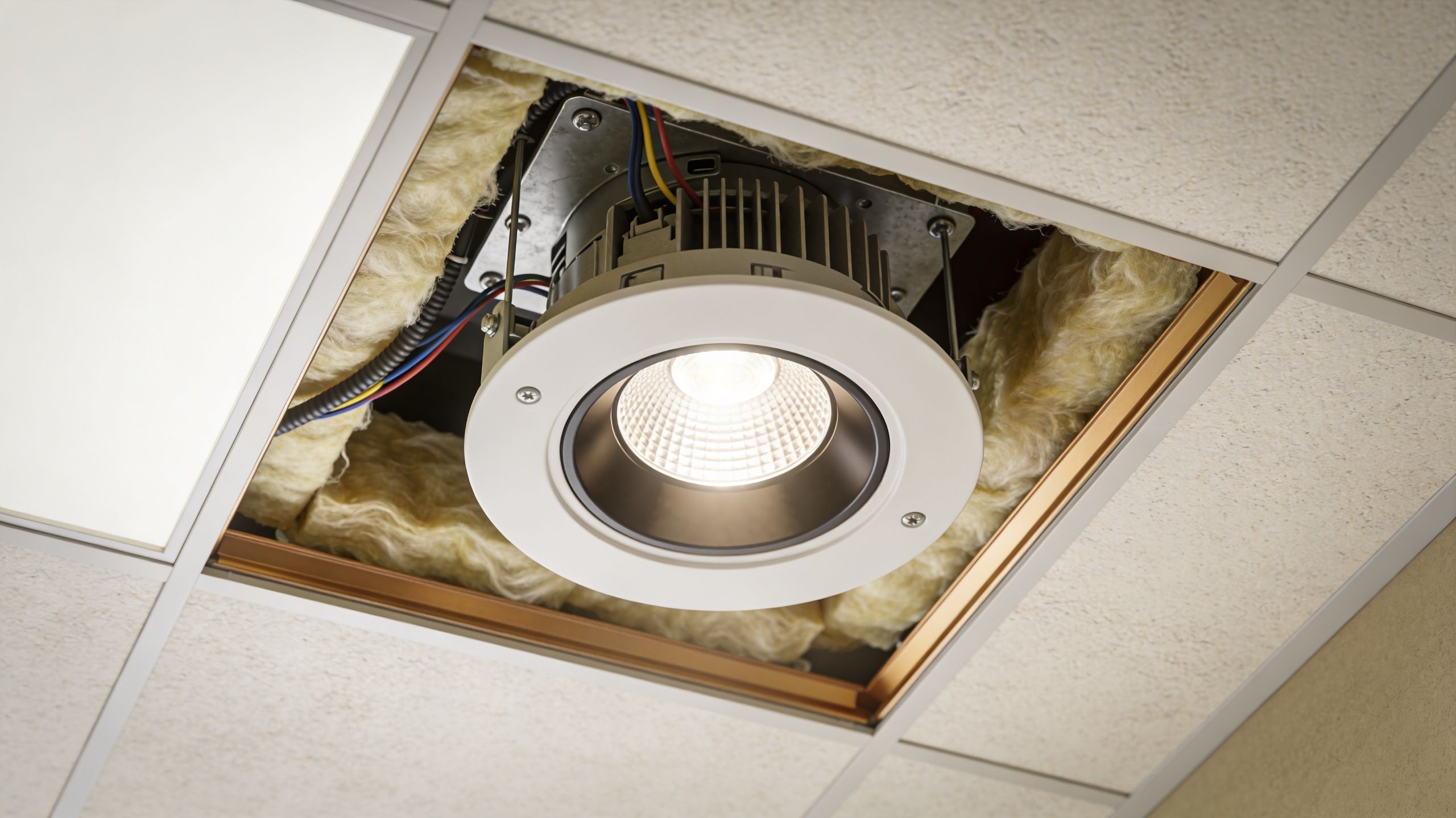 Indbygget LED-spotlys installeret i et loft med isolering og synlige ledninger, der viser elektrisk installation i loftet.