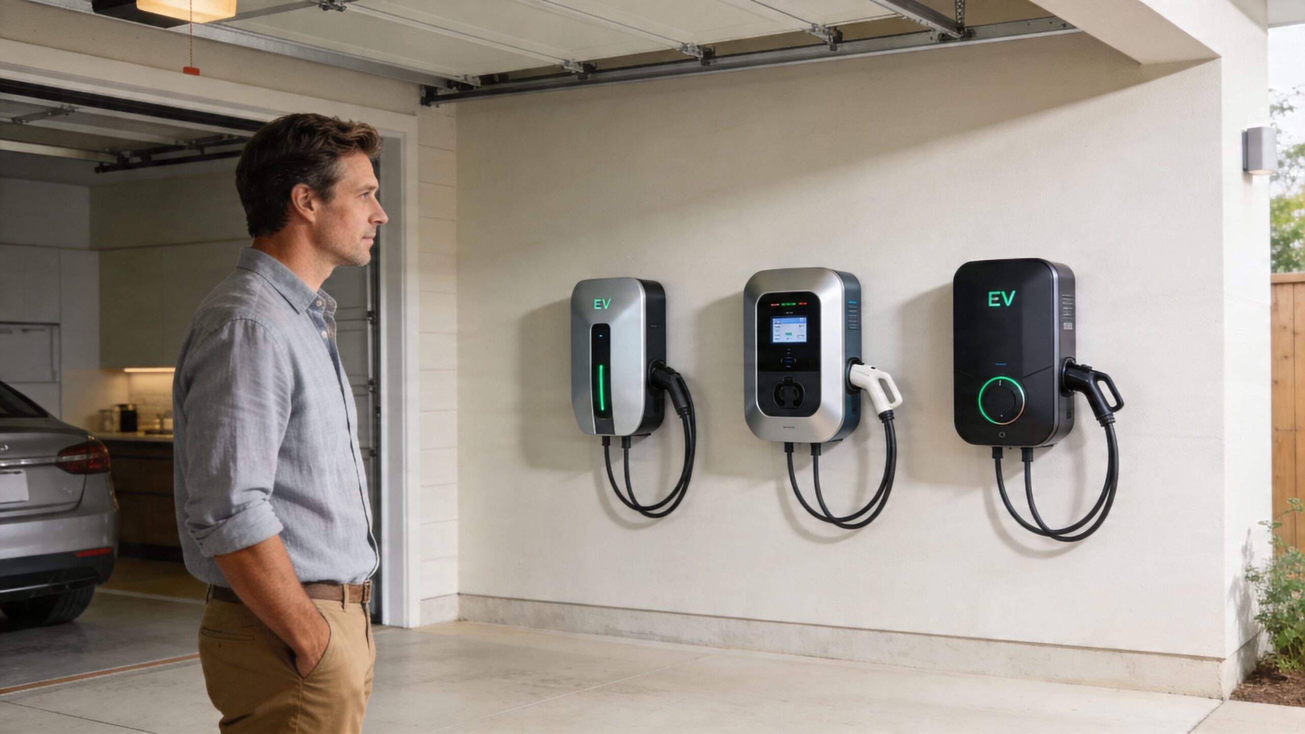 En mand ser på tre forskellige elektriske ladestandere monteret på en væg i en moderne garage.