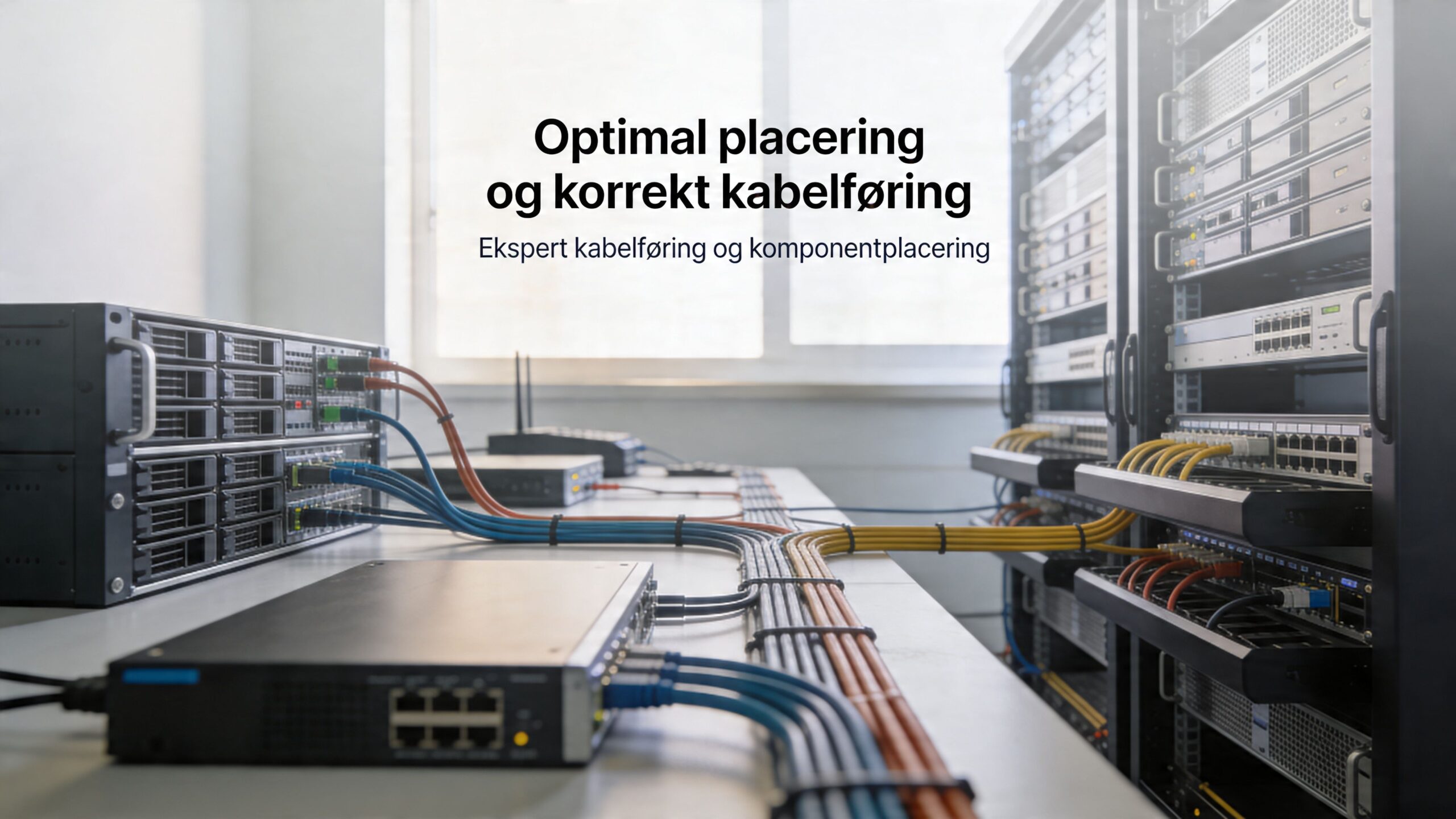 Professionel serverrum-installation med organiseret kabelføring og korrekt placering af netværksudstyr i et moderne datacenter.